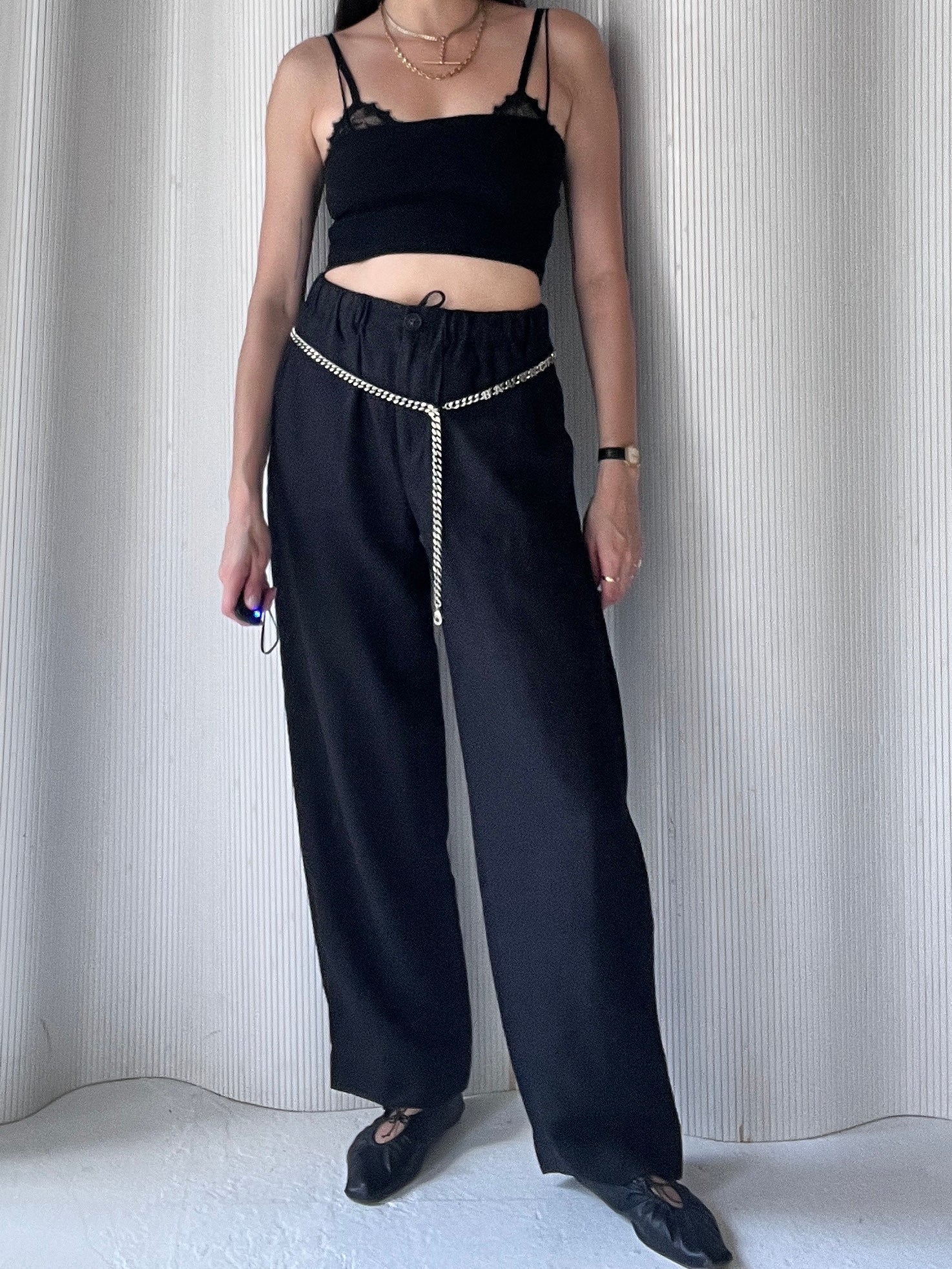 drawstring linen pant black