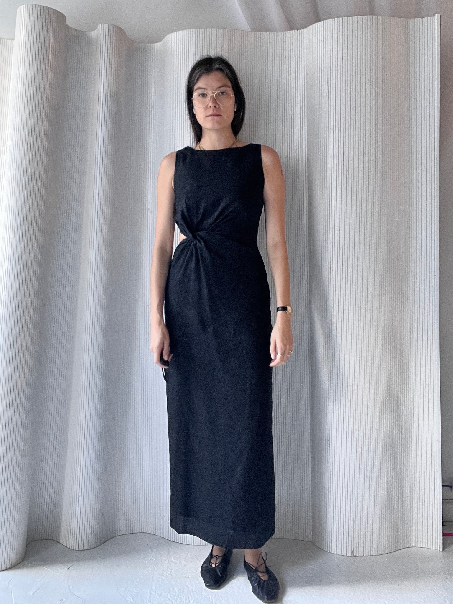 black linen side gather dress