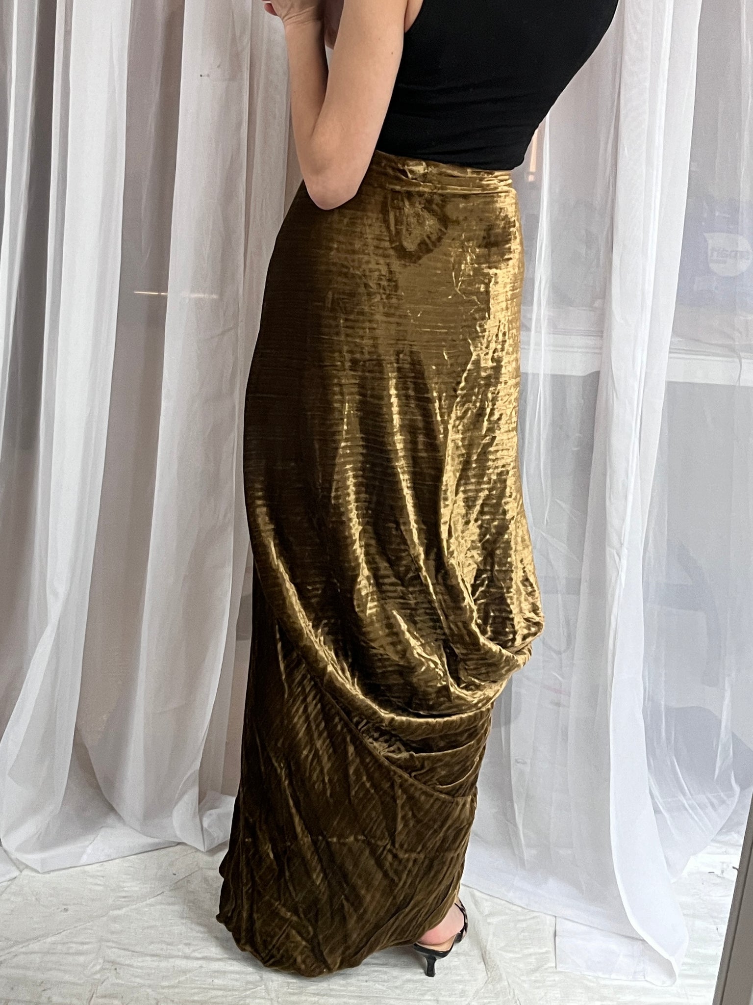 Handmade sculptural crushed velvet maxi skirt