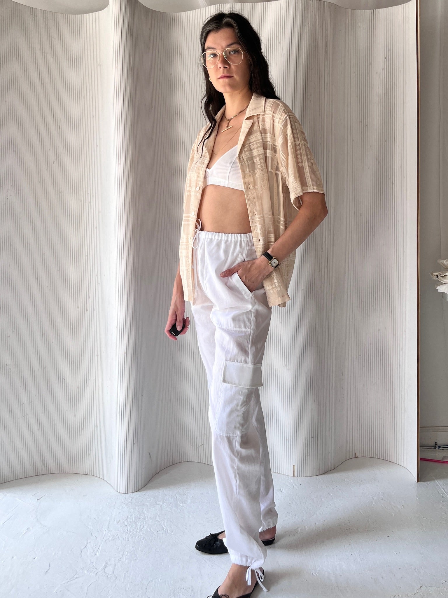 ALD beige sheer button down