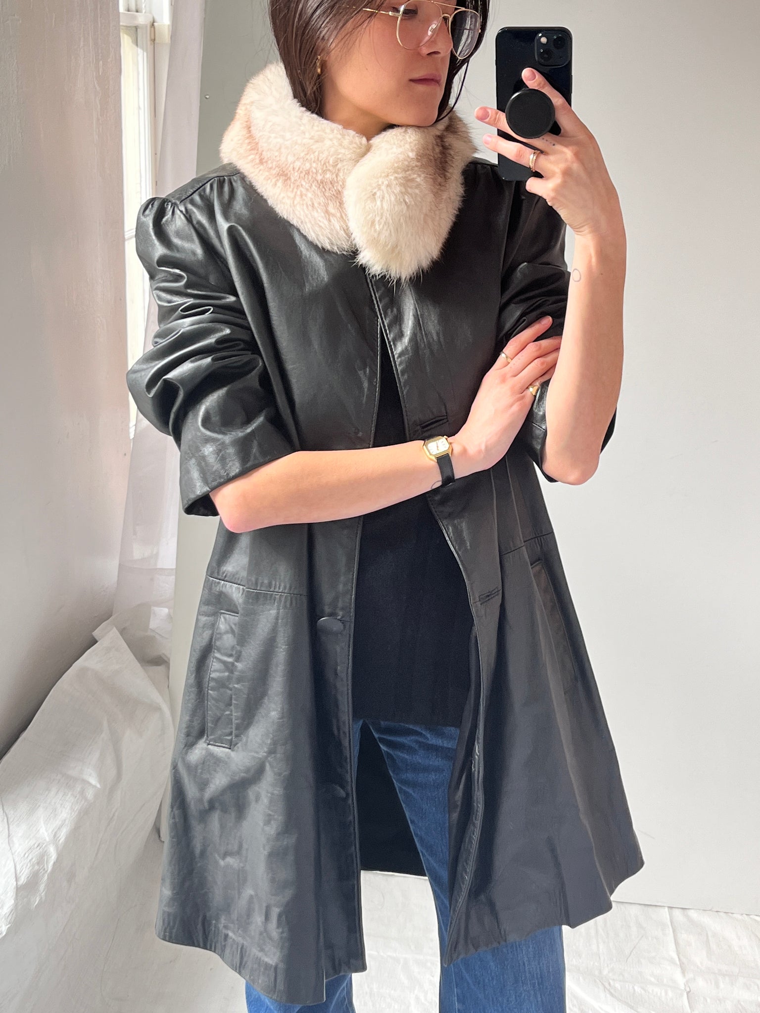 D’esprit leather and fur coat