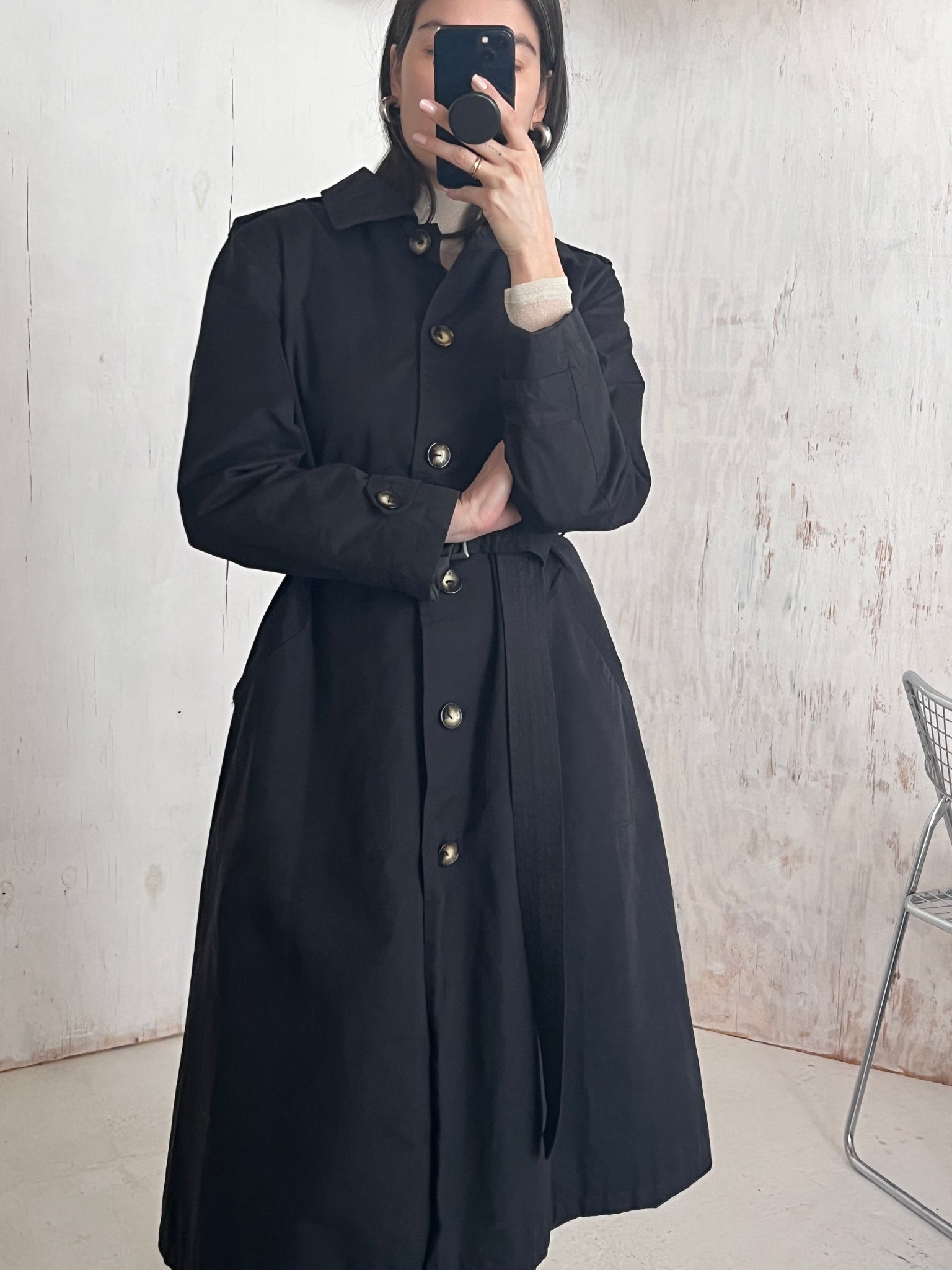 90s DKNY Matte Black Trench Coat Dress