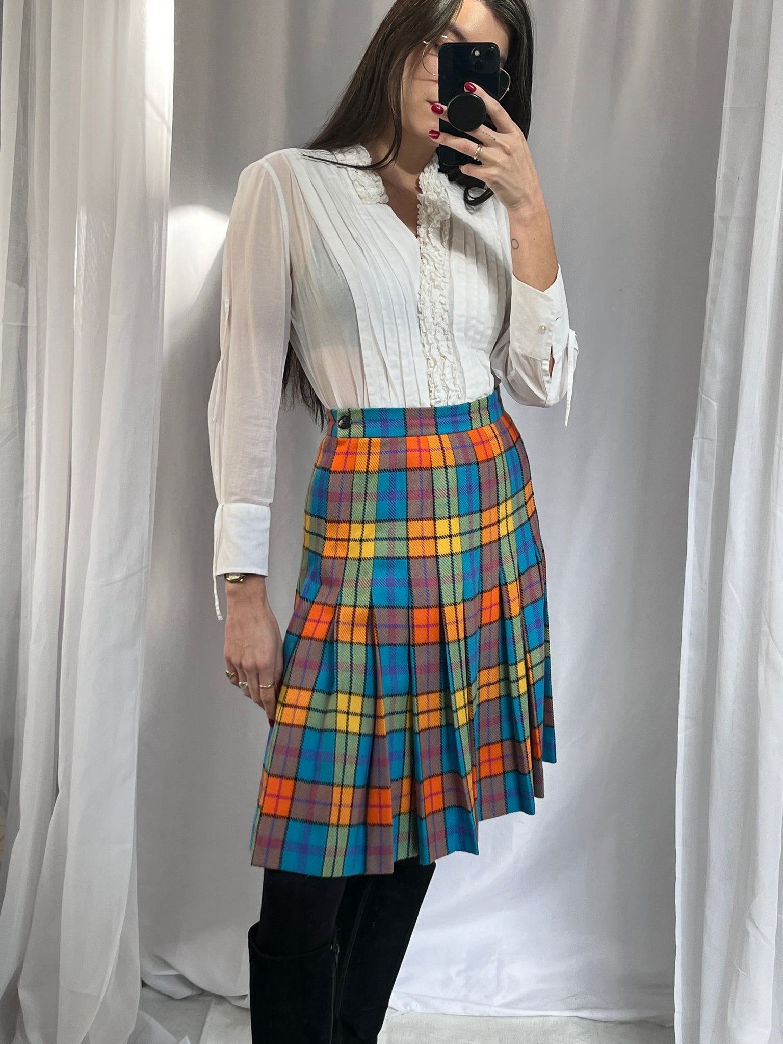 Escada Colorful Plaid Pleated Skirt