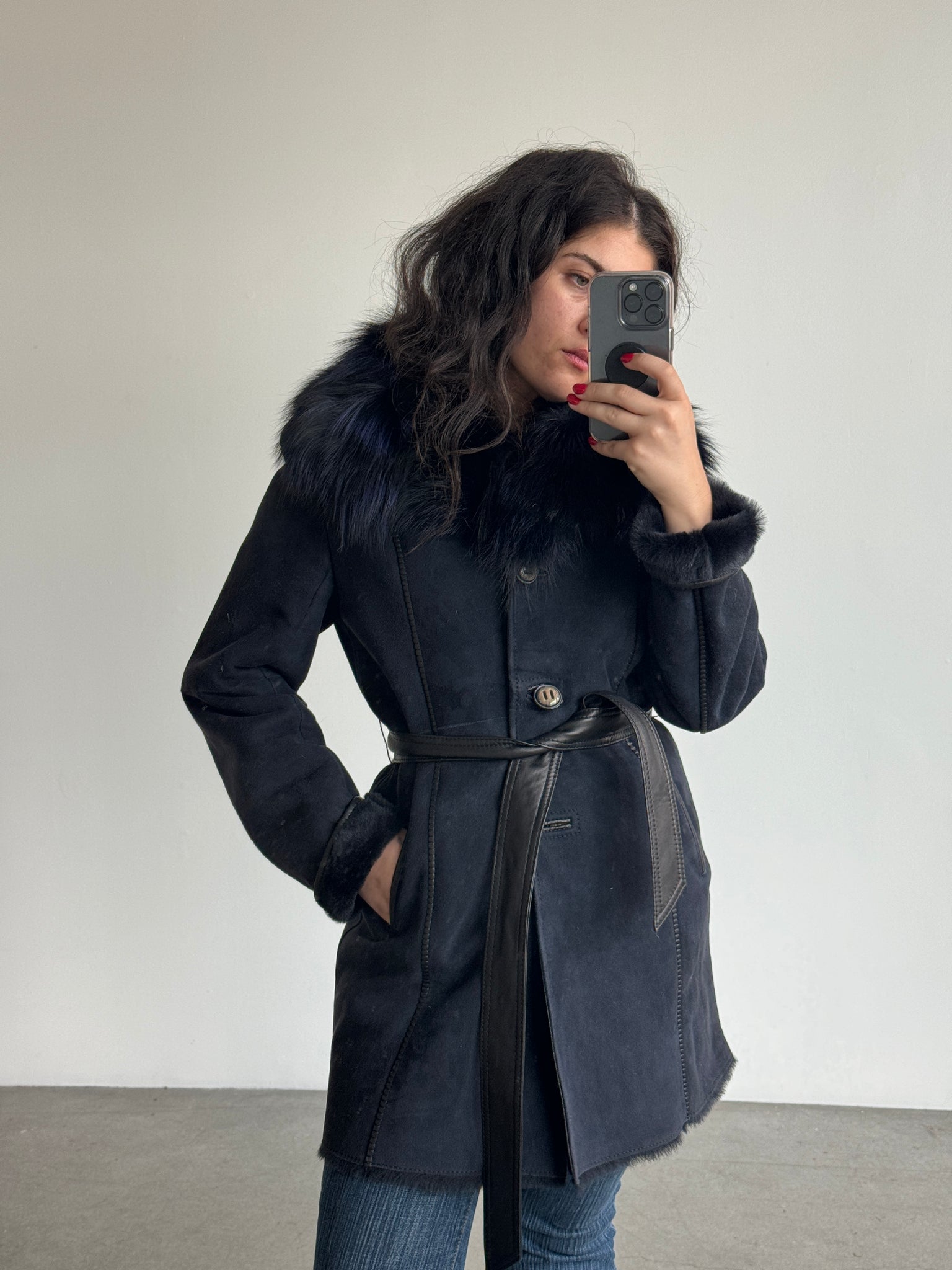 Navy Lambskin and Fox fur Coat