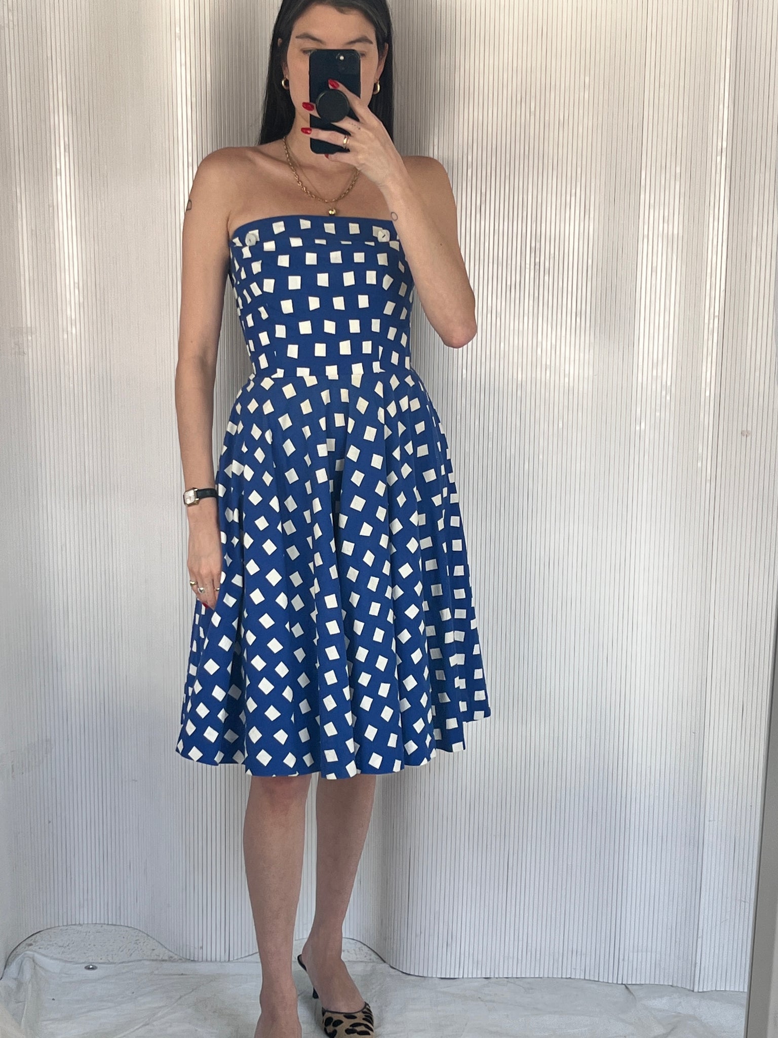 vintage 1950s square print boned strapless day dress