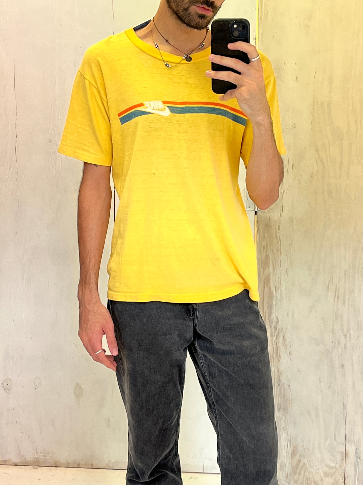 80s Nike T Shirt Yellow Distressed