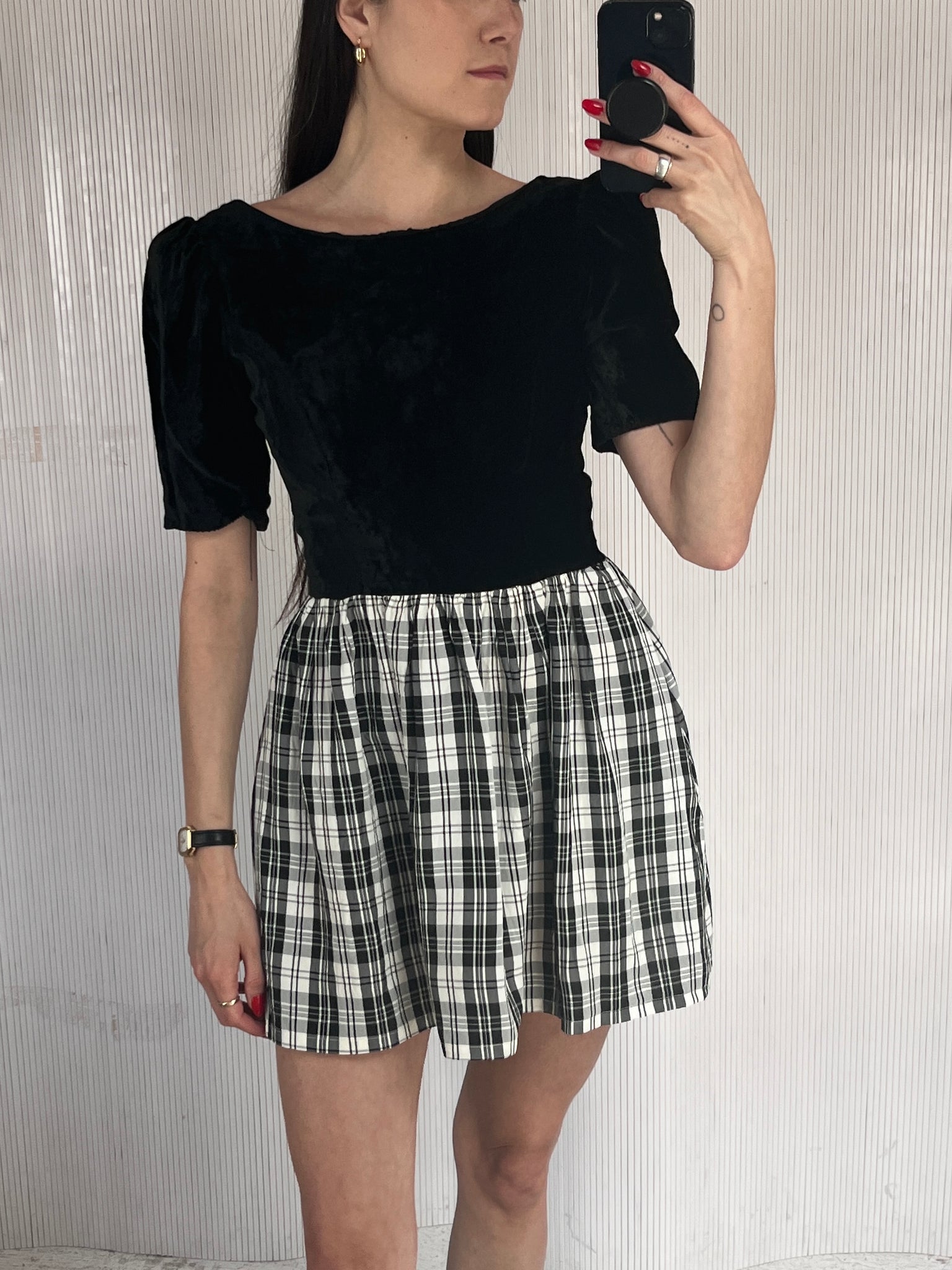 vintage 1980s plaid + velvet mini dress