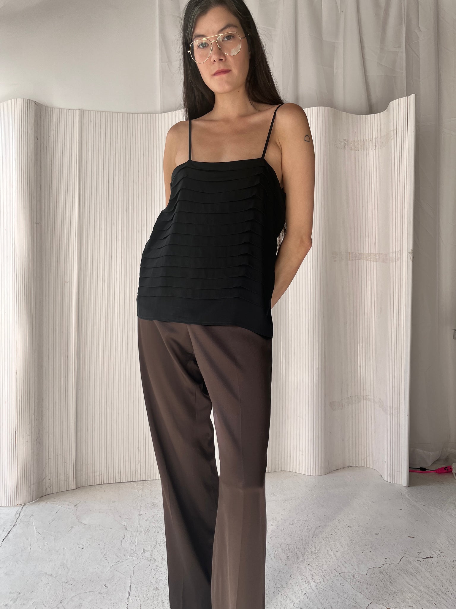 Black square tiered silk tank