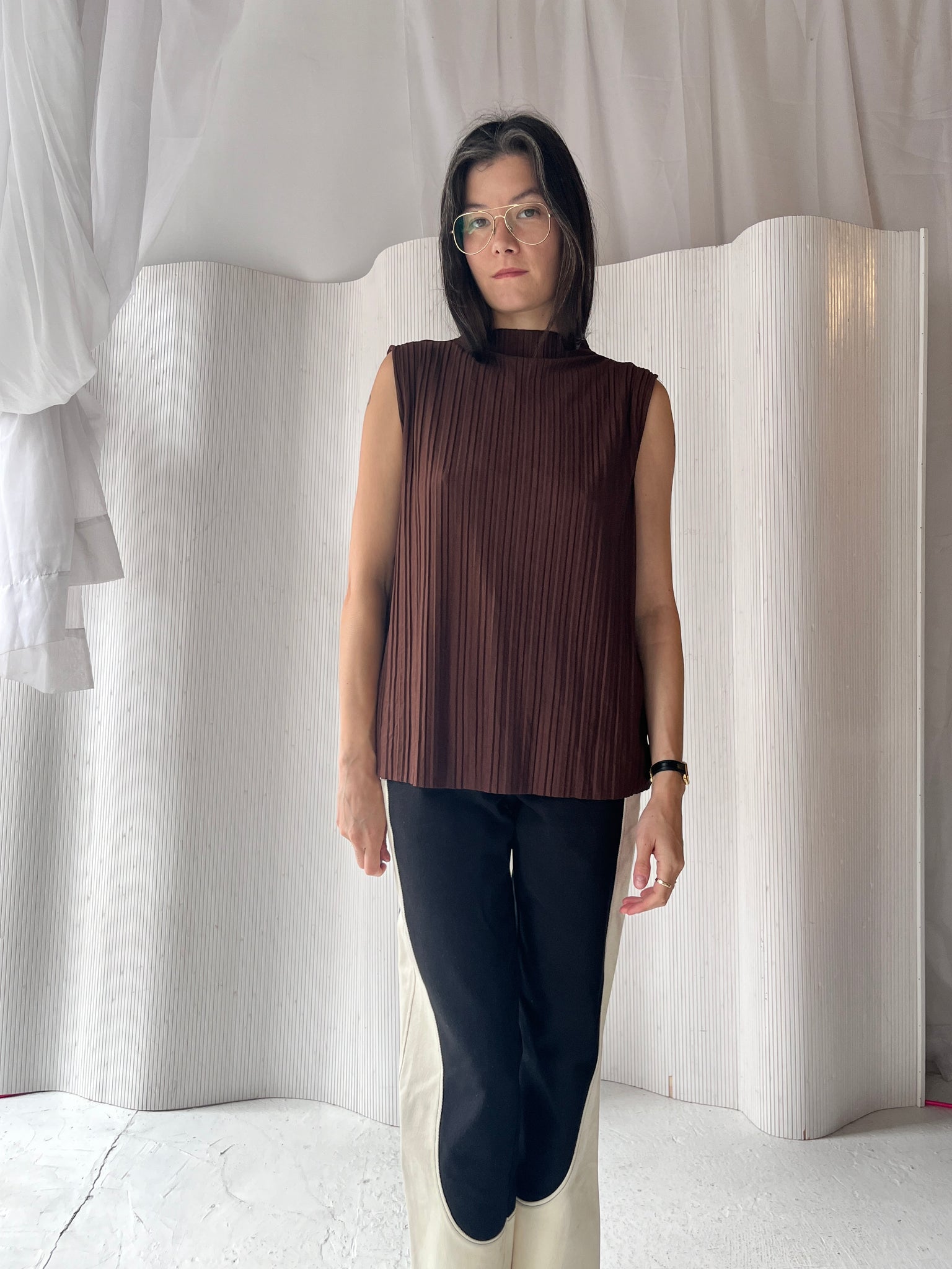 Brown pleated mock neck tank