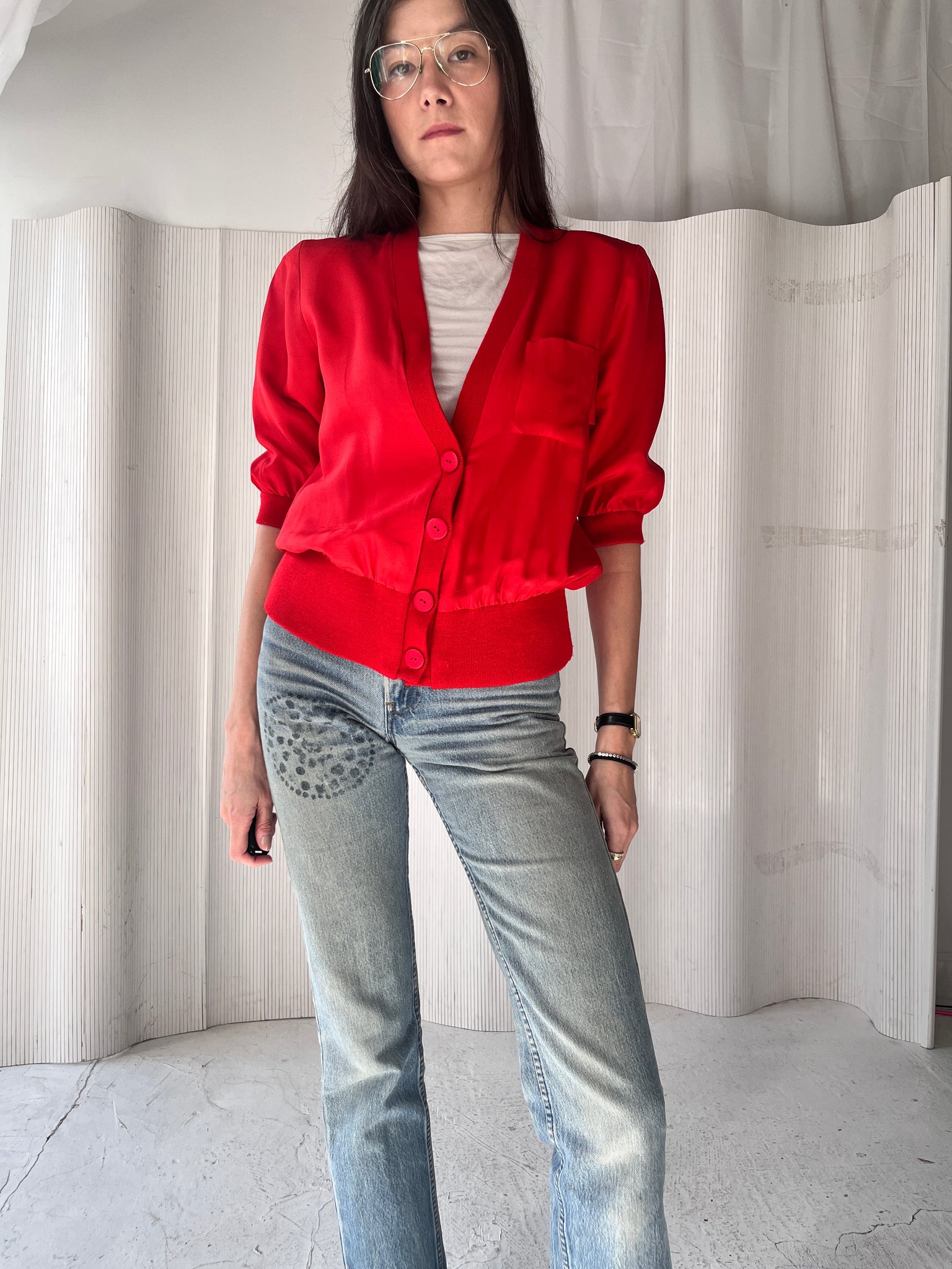 Red silk cardigan top