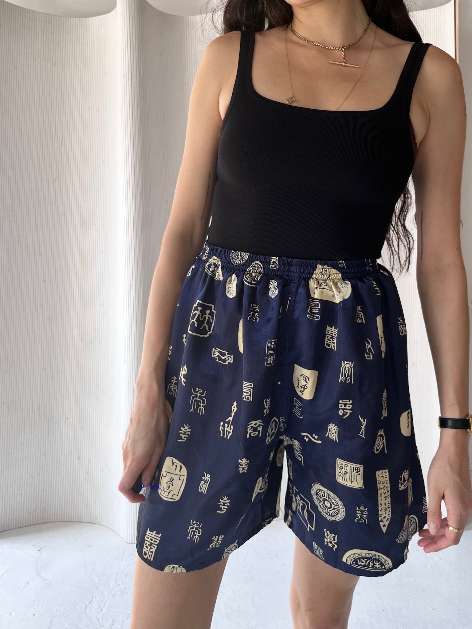 Navy silk patterned short