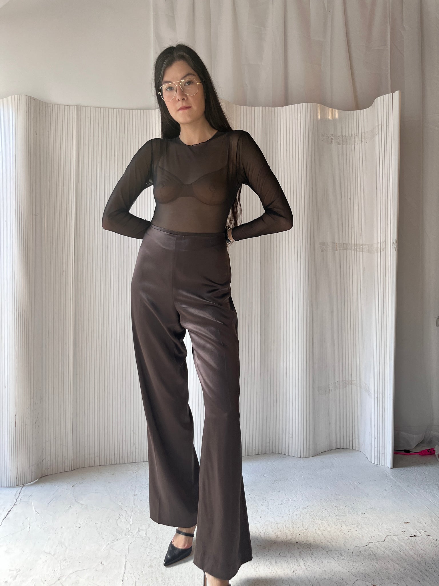 Brown, liquid silk pants