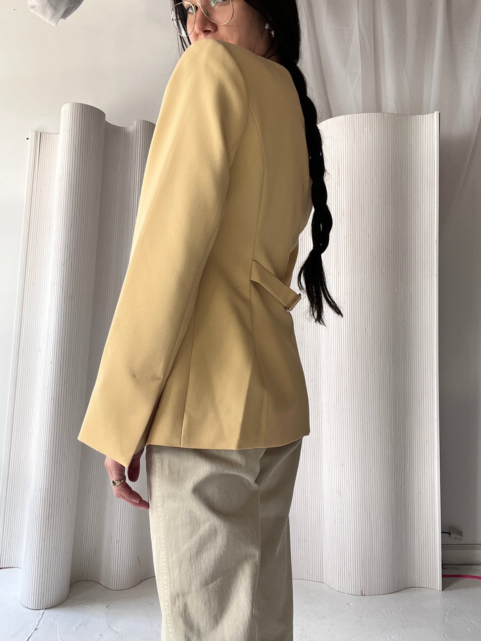 yellow collarless blazer