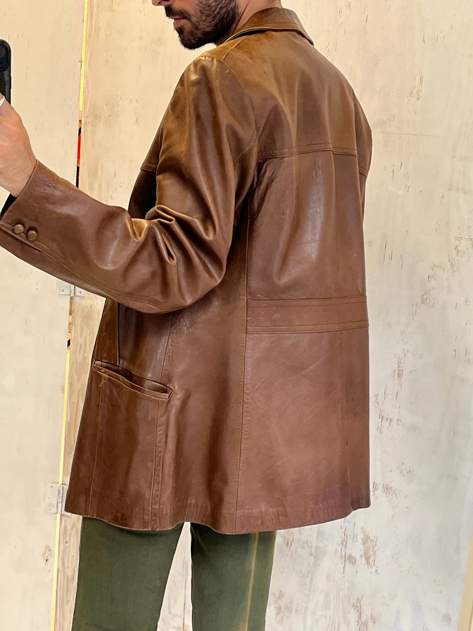 Augusto Gonzalez brown long-line leather jacket