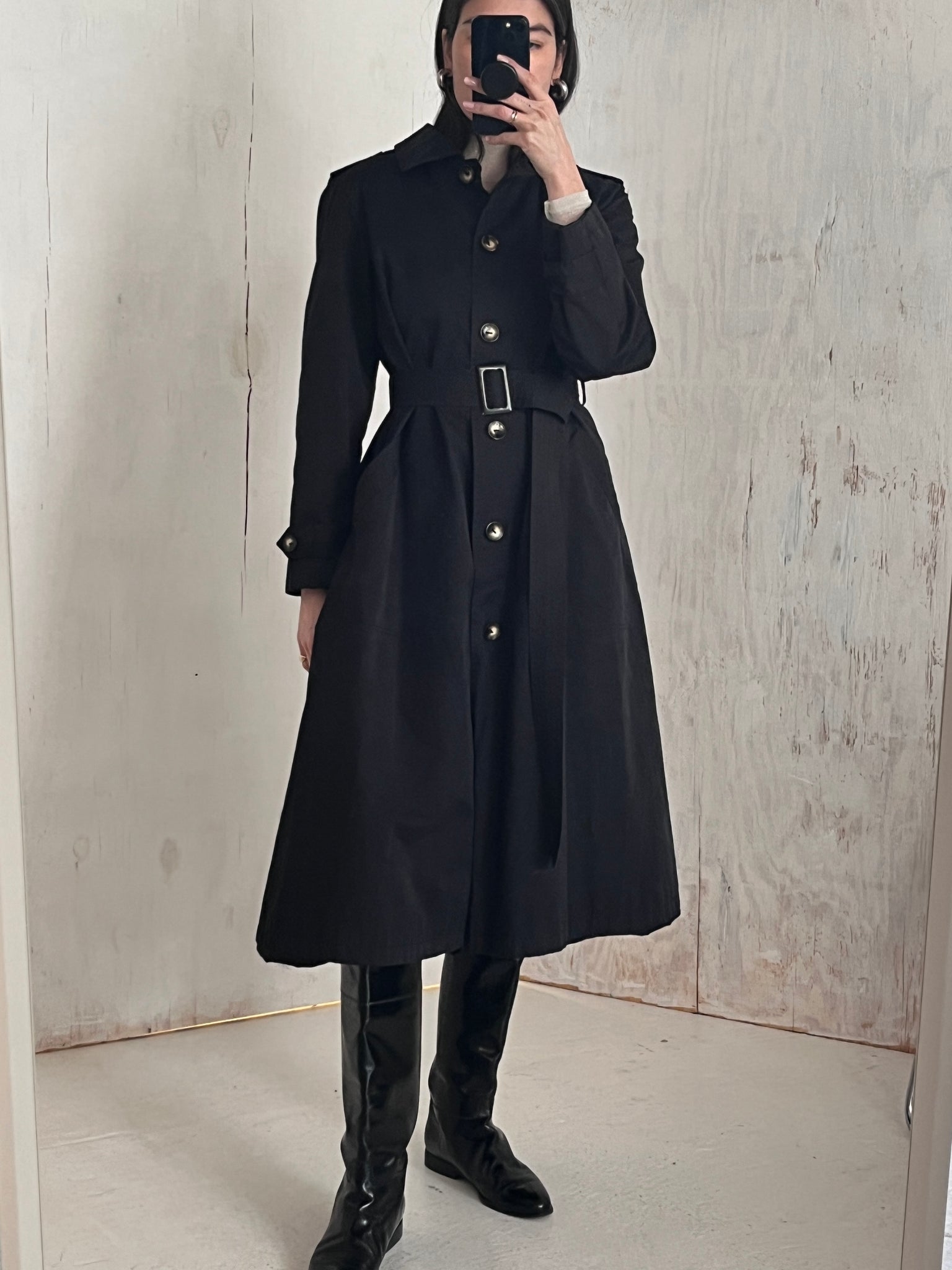 90s DKNY Matte Black Trench Coat Dress