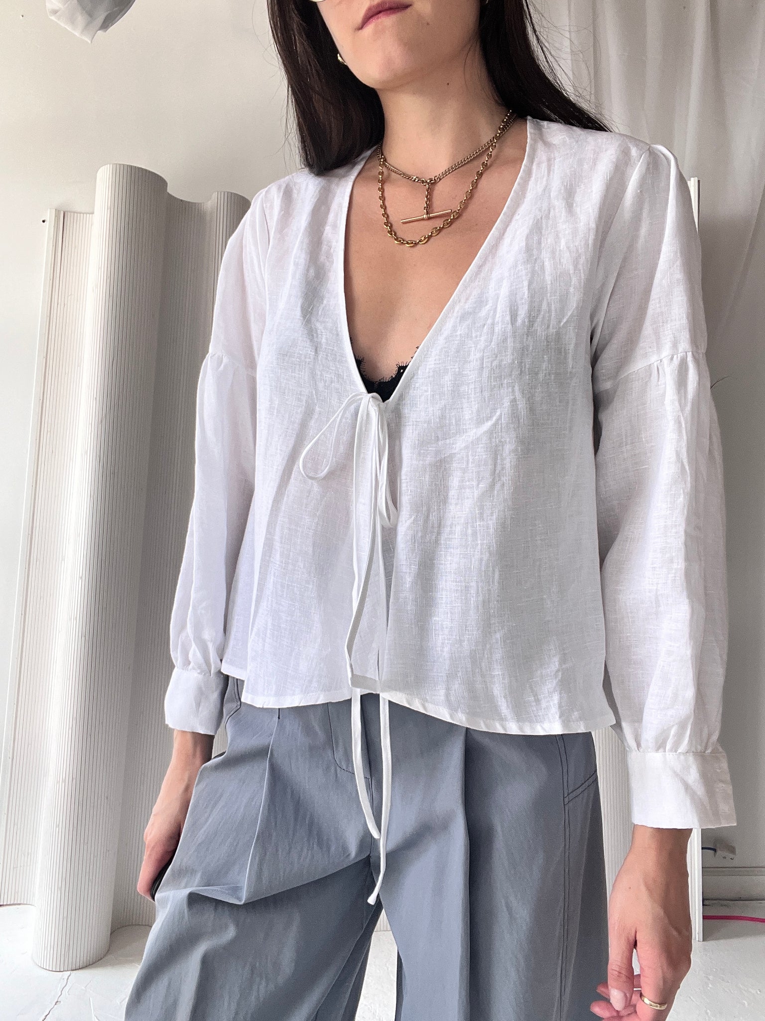 white tie front linen blouse