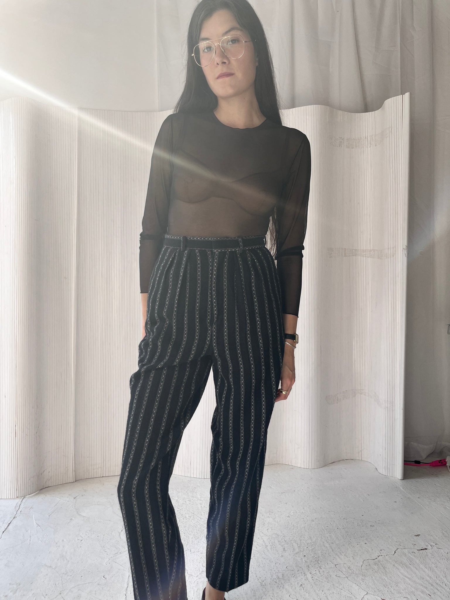 Black, grey, and pink striped wool pants