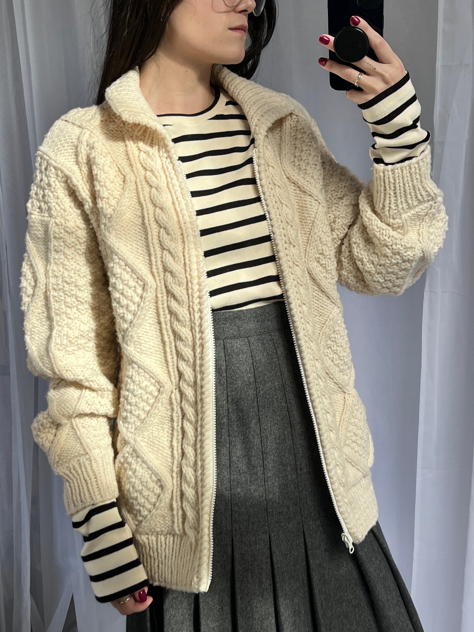 Vintage hand knit cable knit zip-up jacket