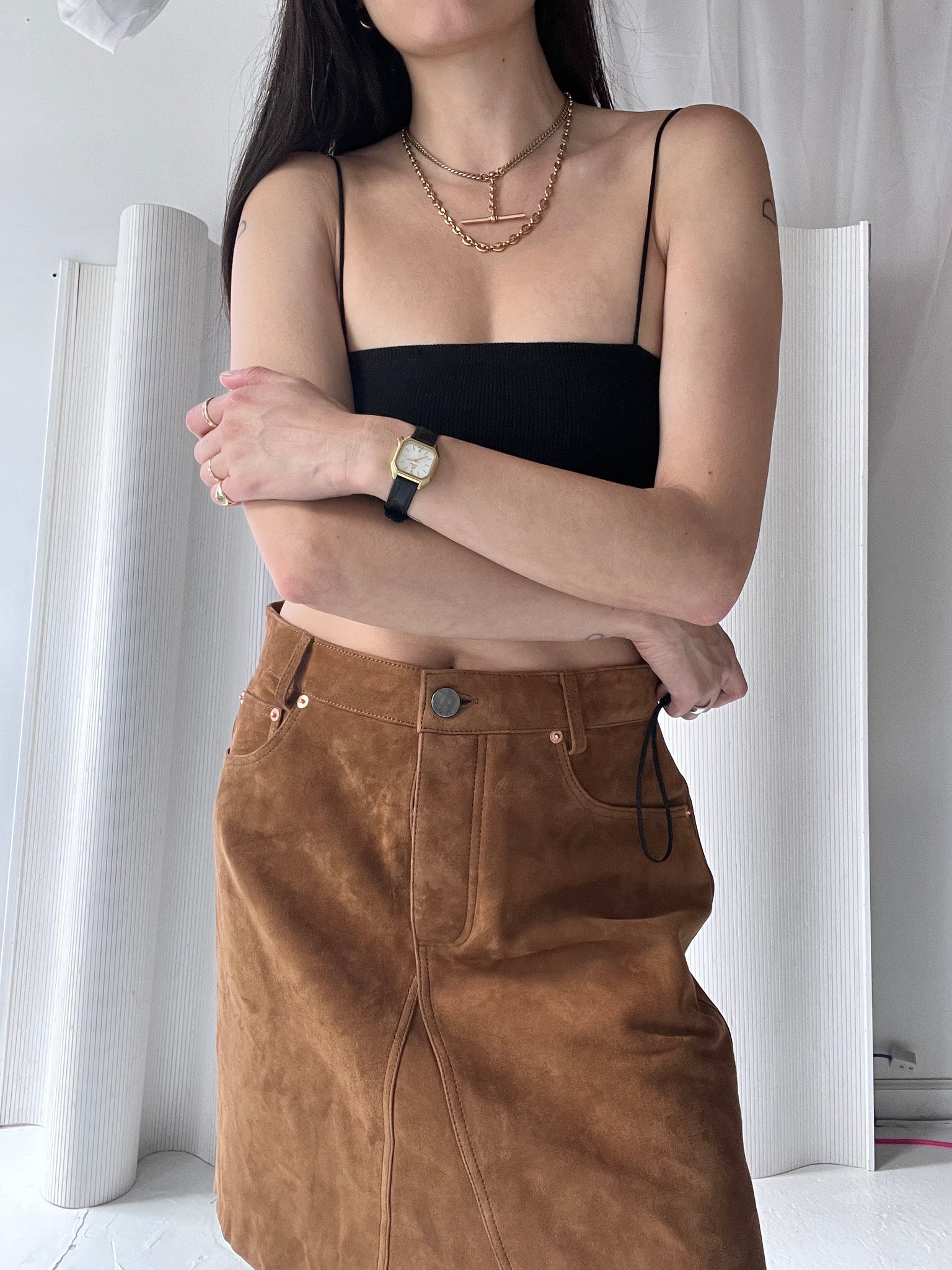 suede brown midi skirt