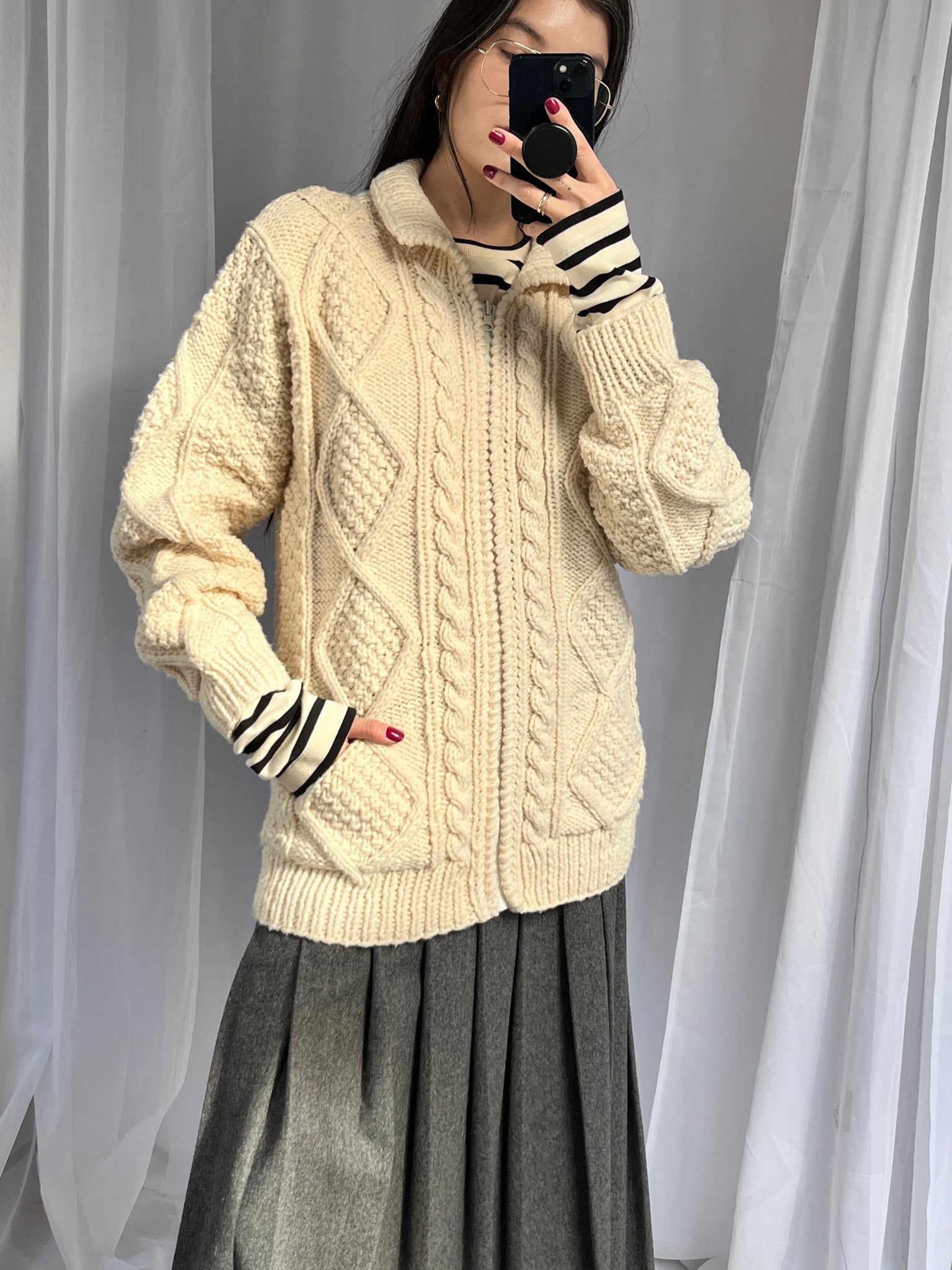 Vintage hand knit cable knit zip-up jacket