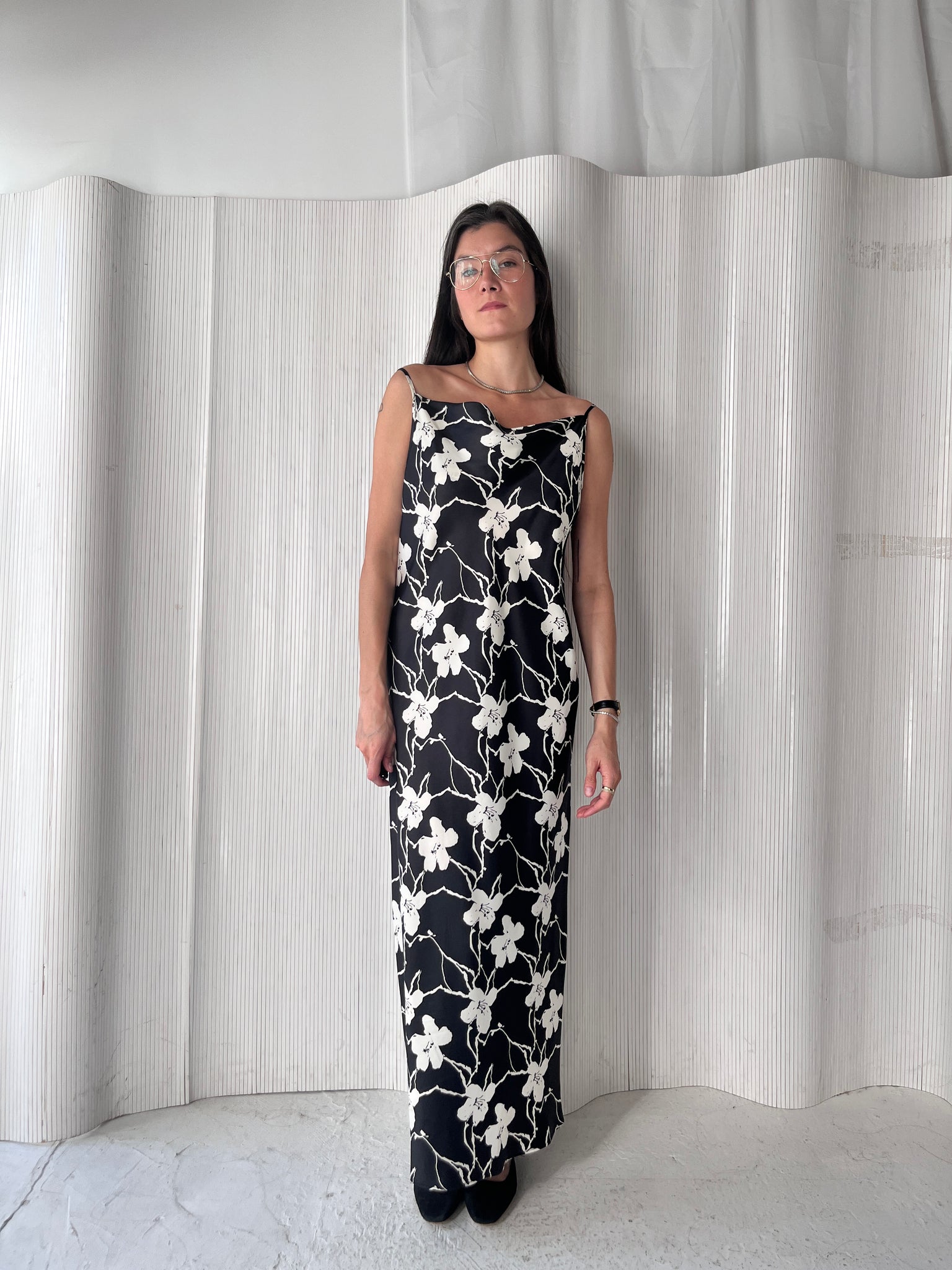 INC b&w satin floral slip dress