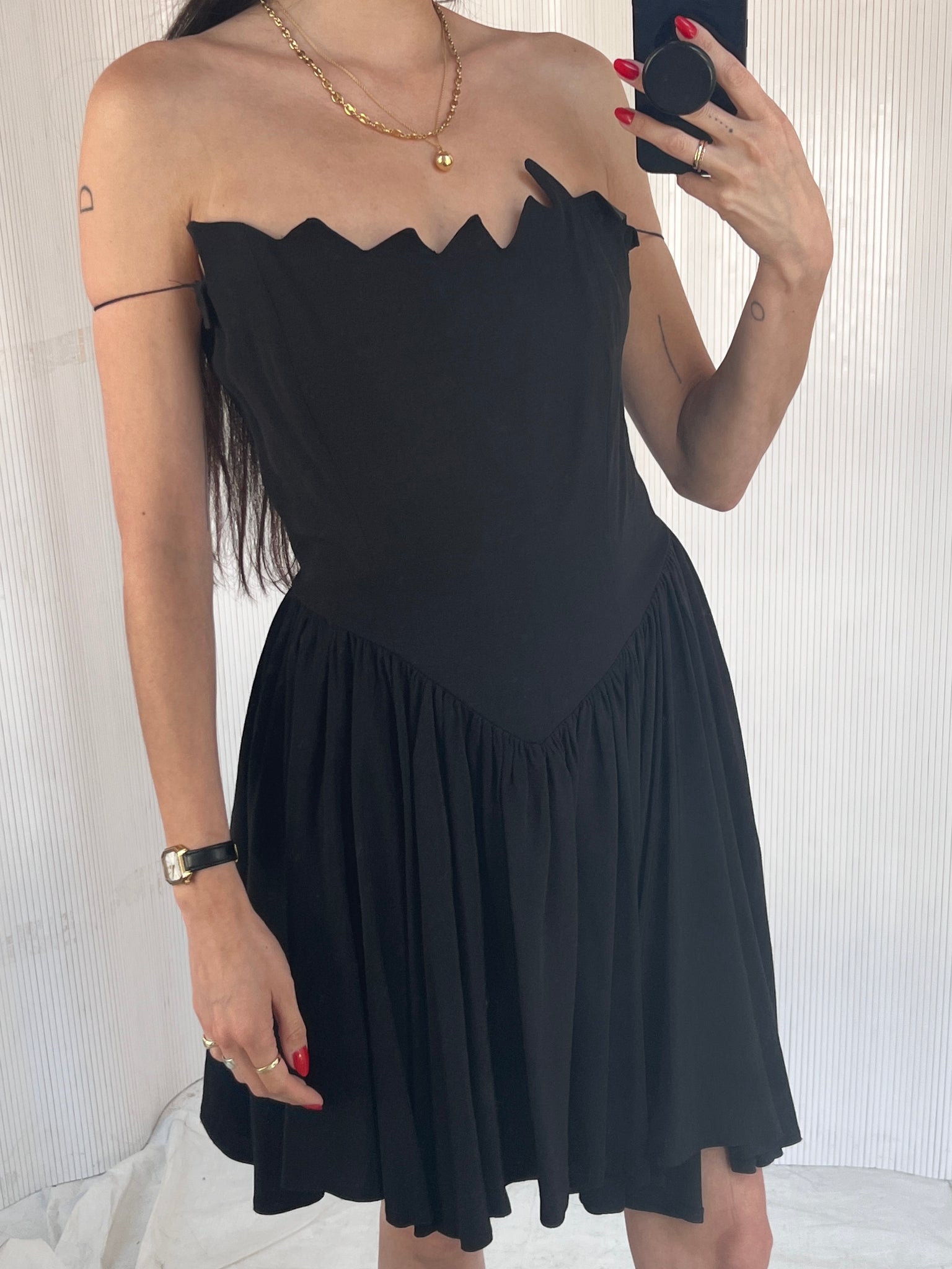 vintage 1980s zig zag neckline strapless cocktail dress