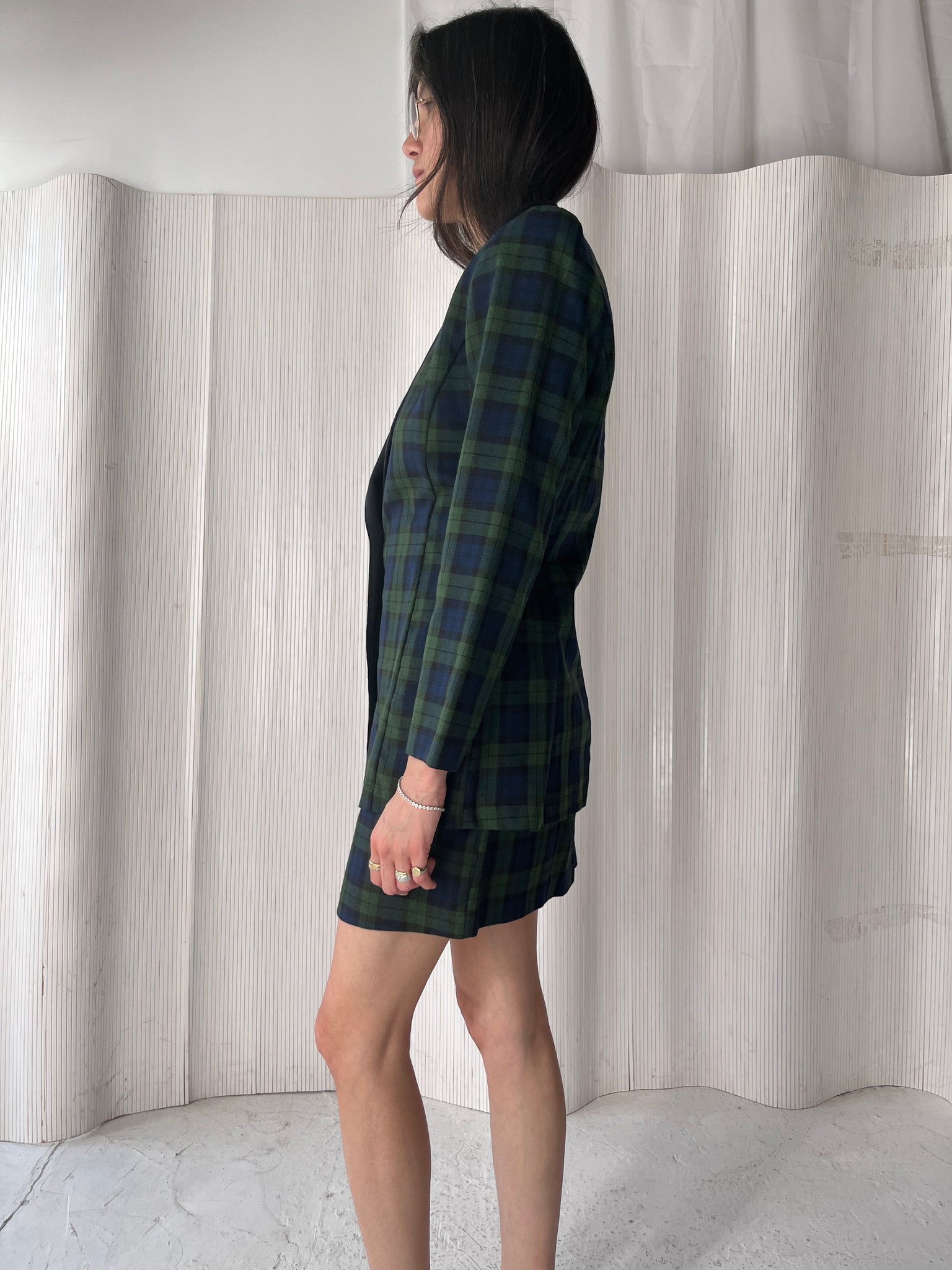 Green & navy plaid skirt suit