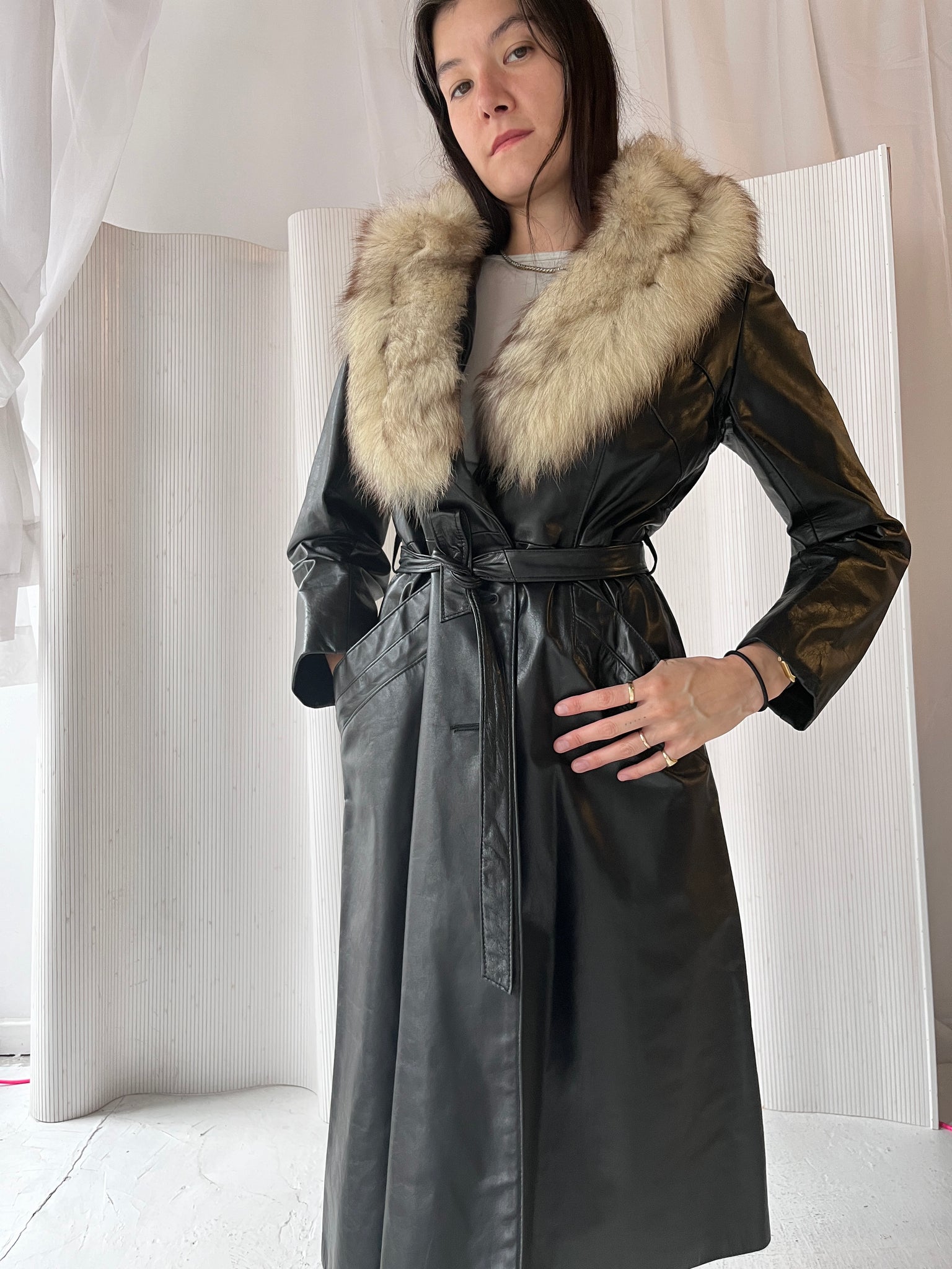 Vintage Fur Collared Leather Trench