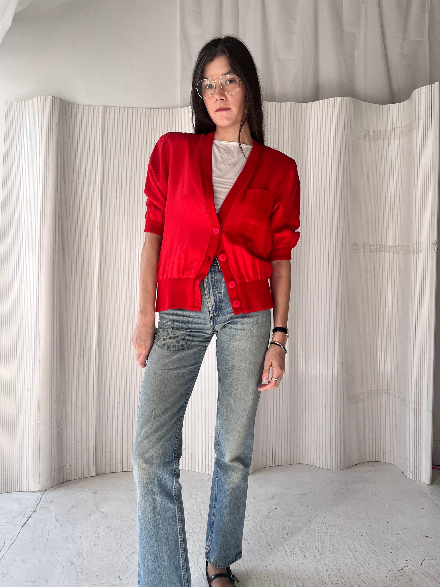 Red silk cardigan top