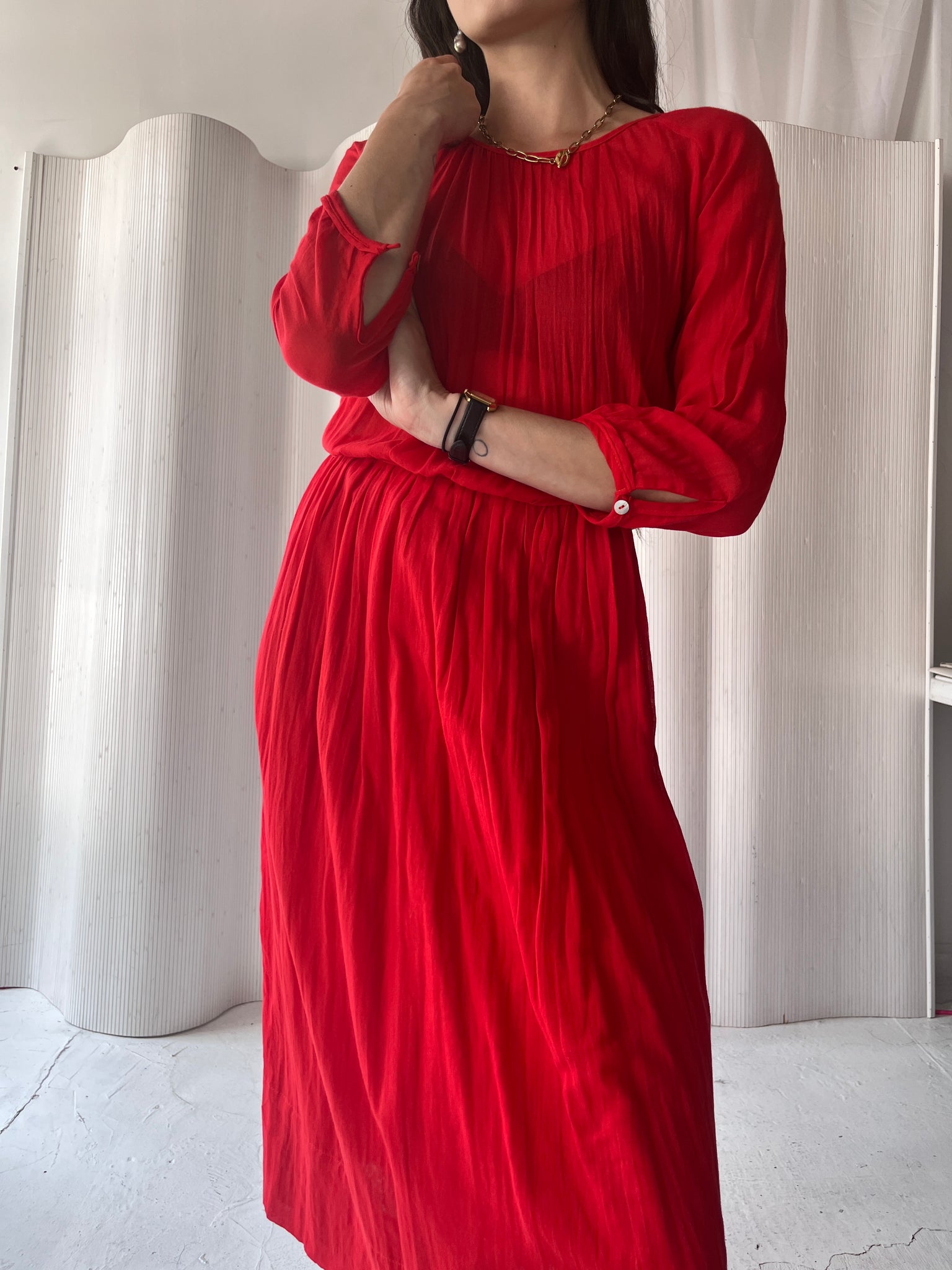 Red Sheer Blouson Dress