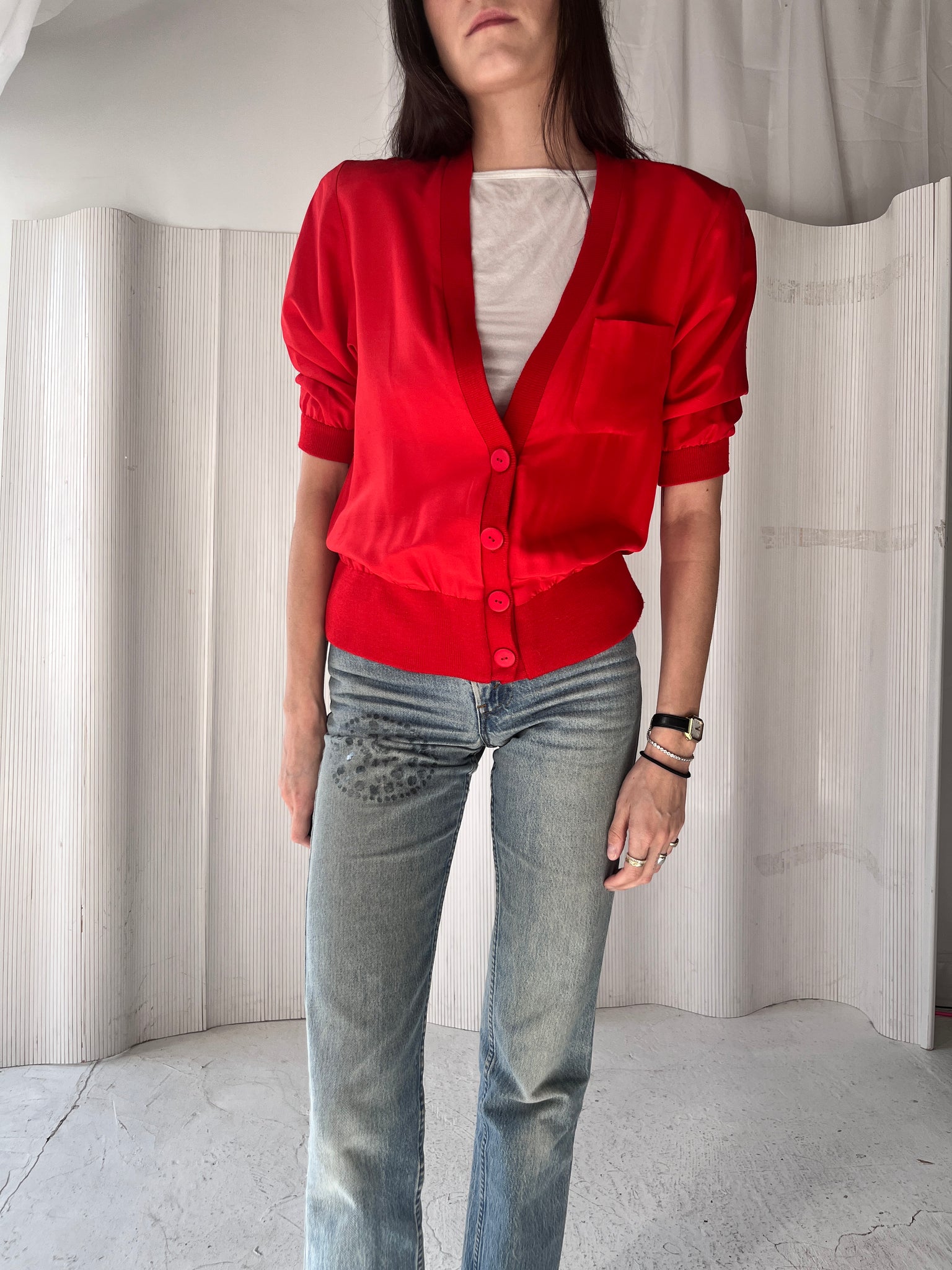 Red silk cardigan top