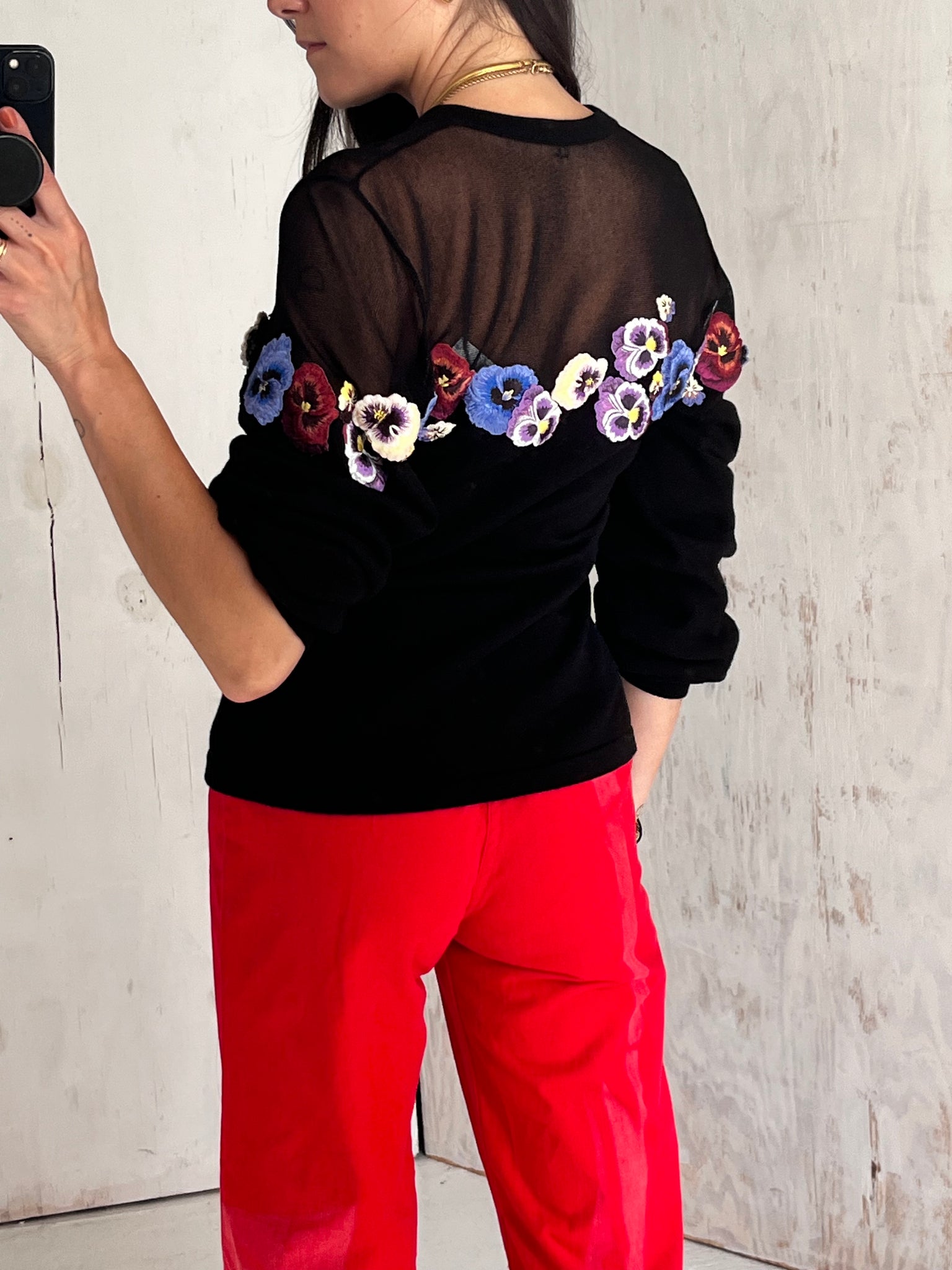 Oscar de la Renta Floral Detail Poet Sleeve Sweater