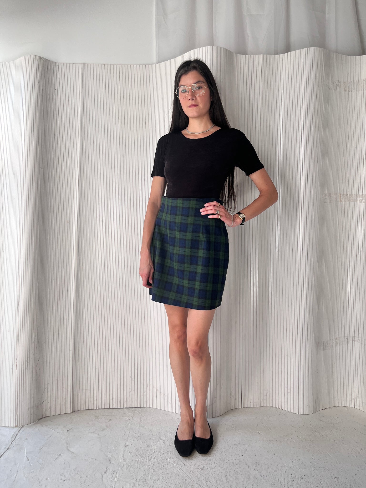 Green & navy plaid skirt suit