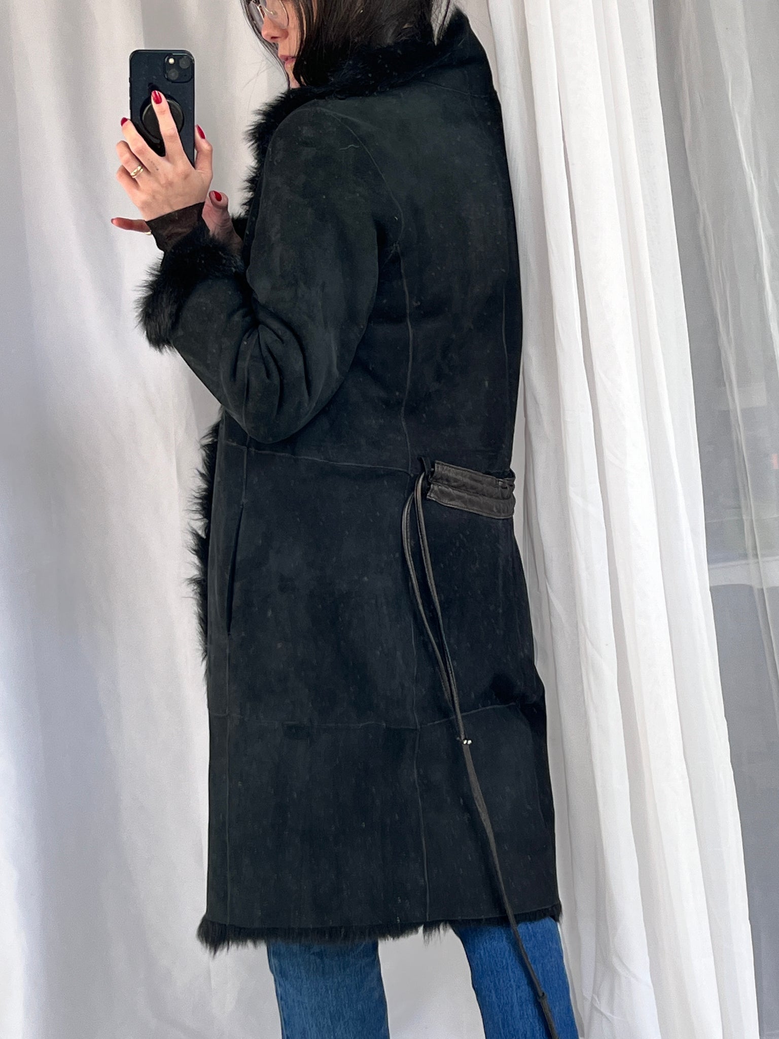 Black Lambskin Wrap Coat