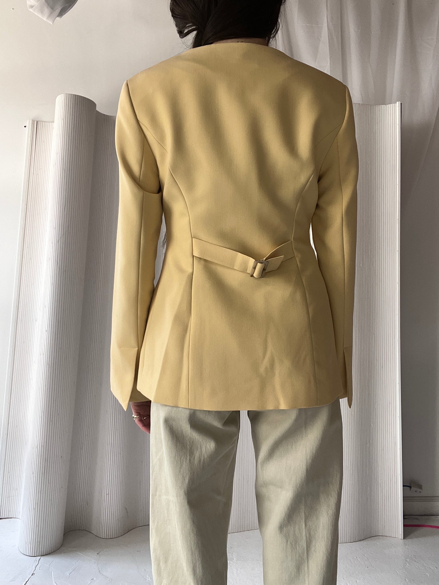 yellow collarless blazer