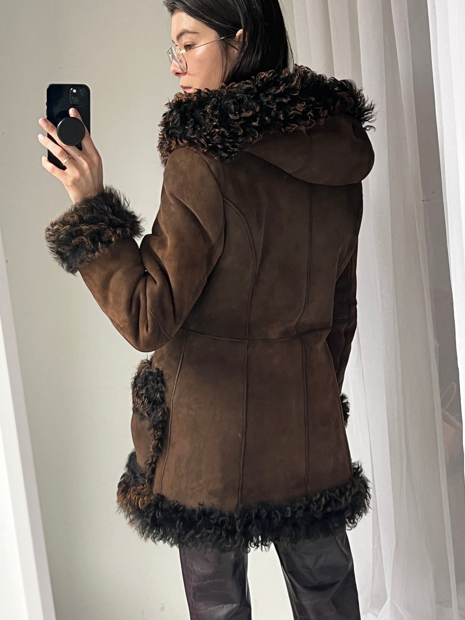 Espresso Curly Lamb Suede Coat (M)