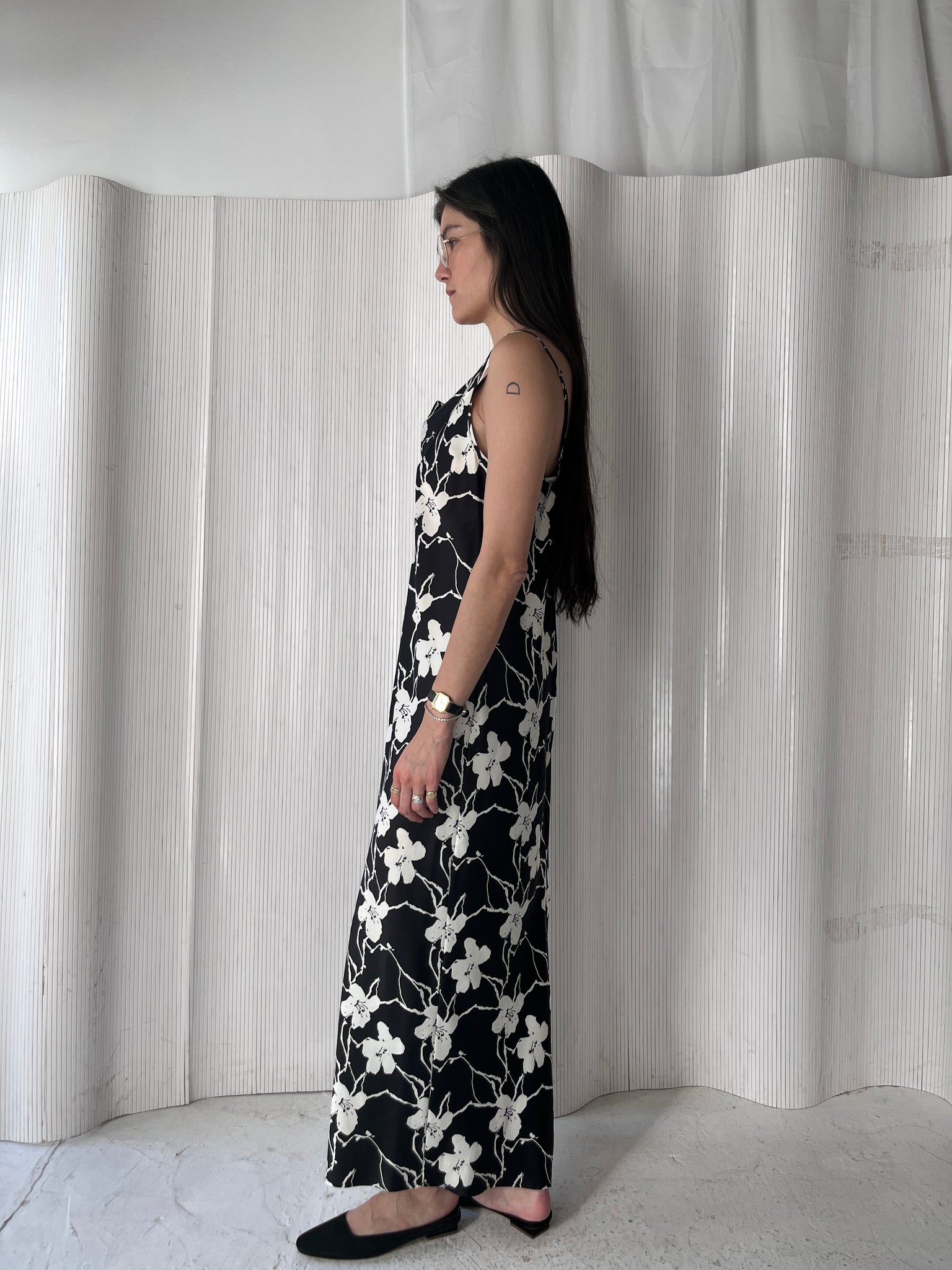 INC b&w satin floral slip dress