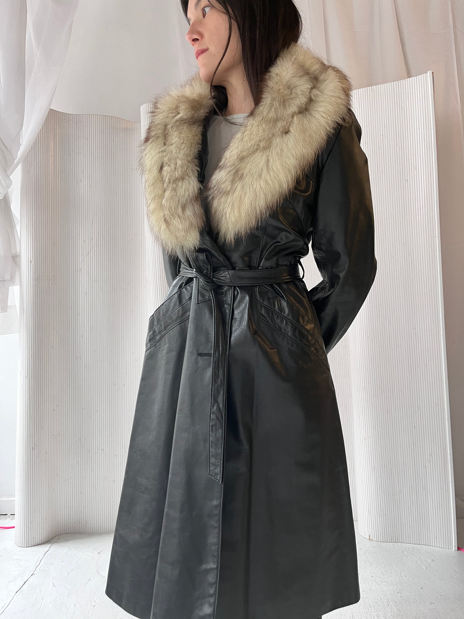 Vintage Fur Collared Leather Trench