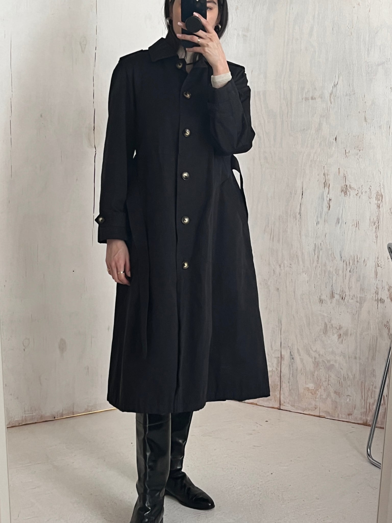 90s DKNY Matte Black Trench Coat Dress