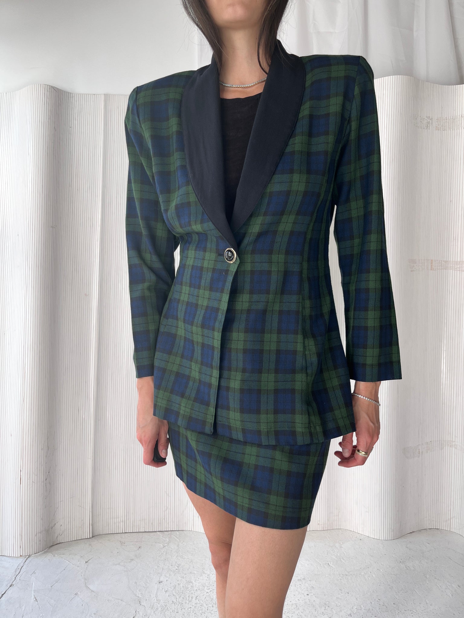 Green & navy plaid skirt suit