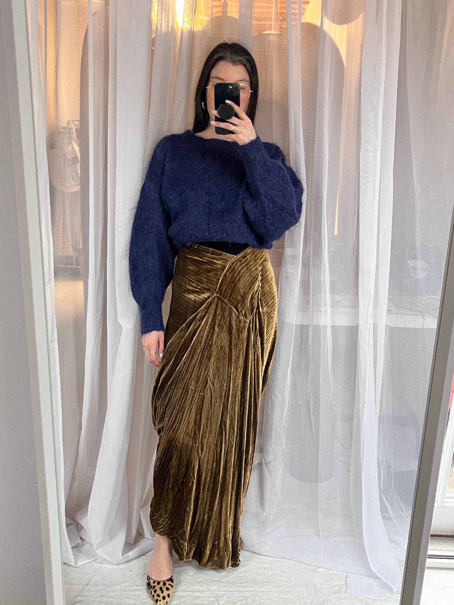 Handmade sculptural crushed velvet maxi skirt