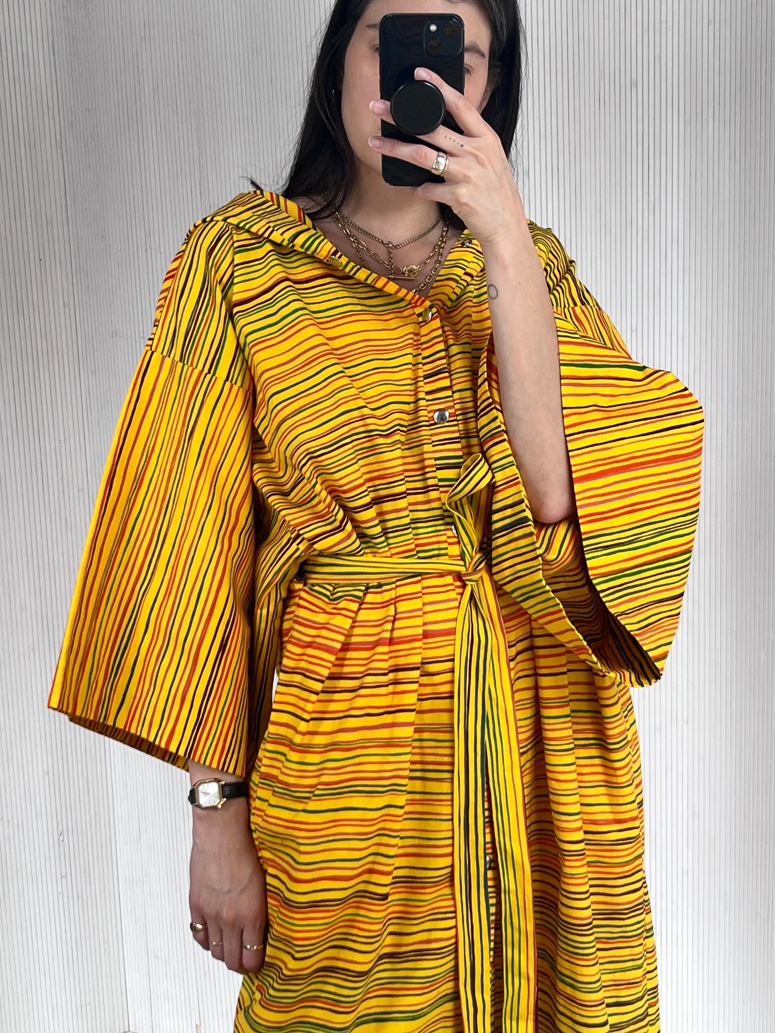 Yellow Hooded Marimekko Robe