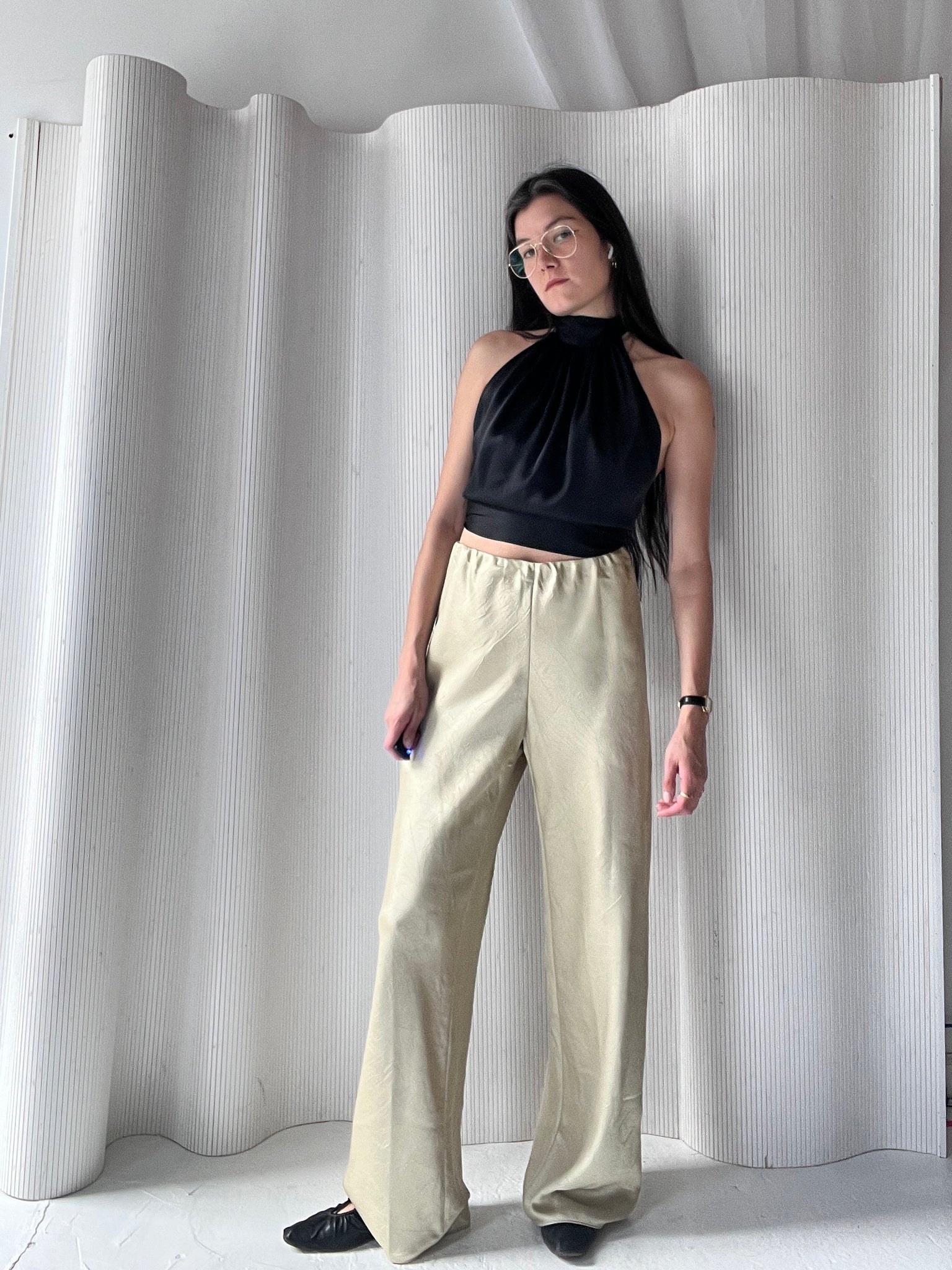 pistachio crinkle silk pant