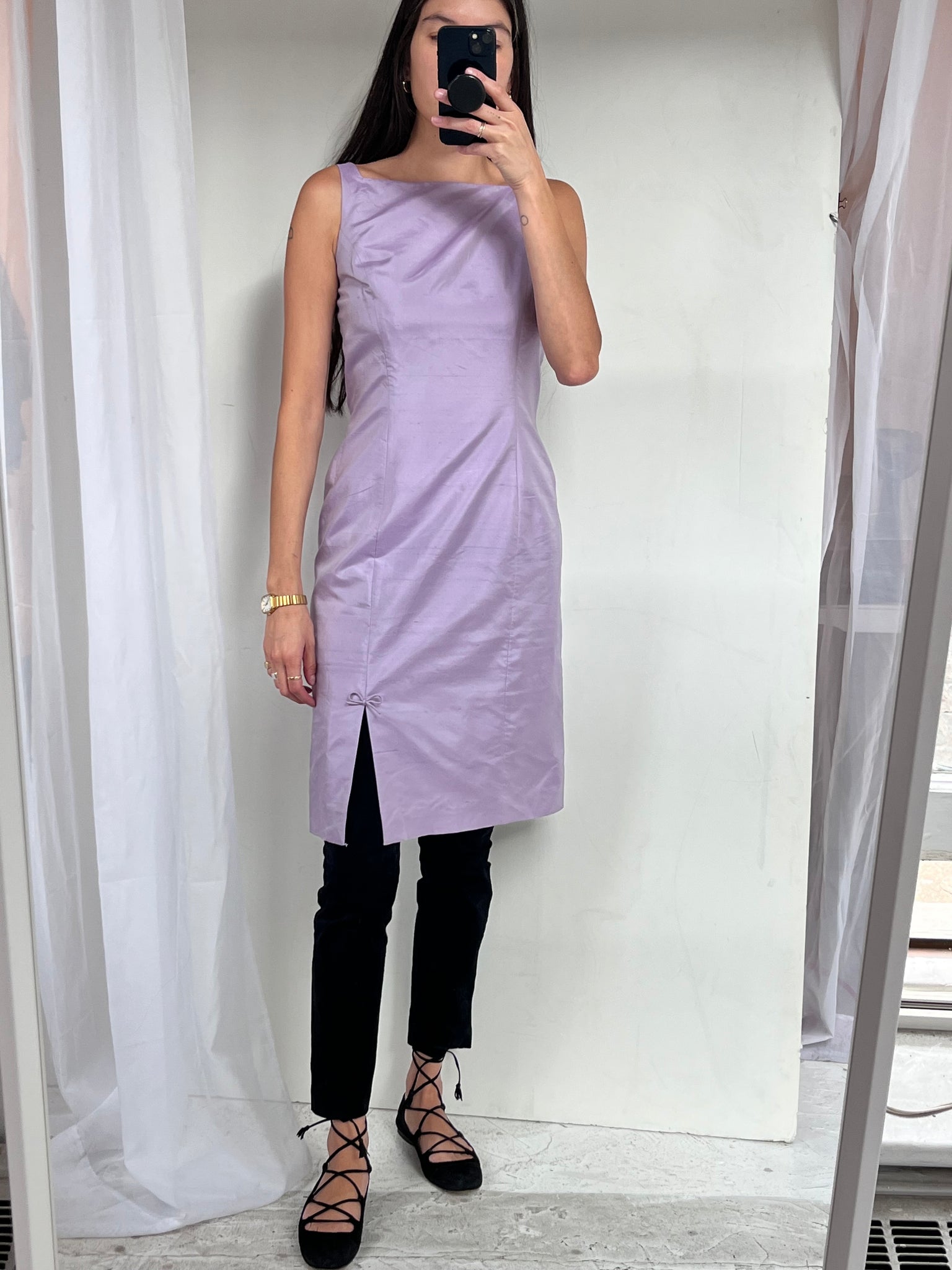 1990s Ann Taylor Icy Lavender Silk Dupioni Cocktail Dress