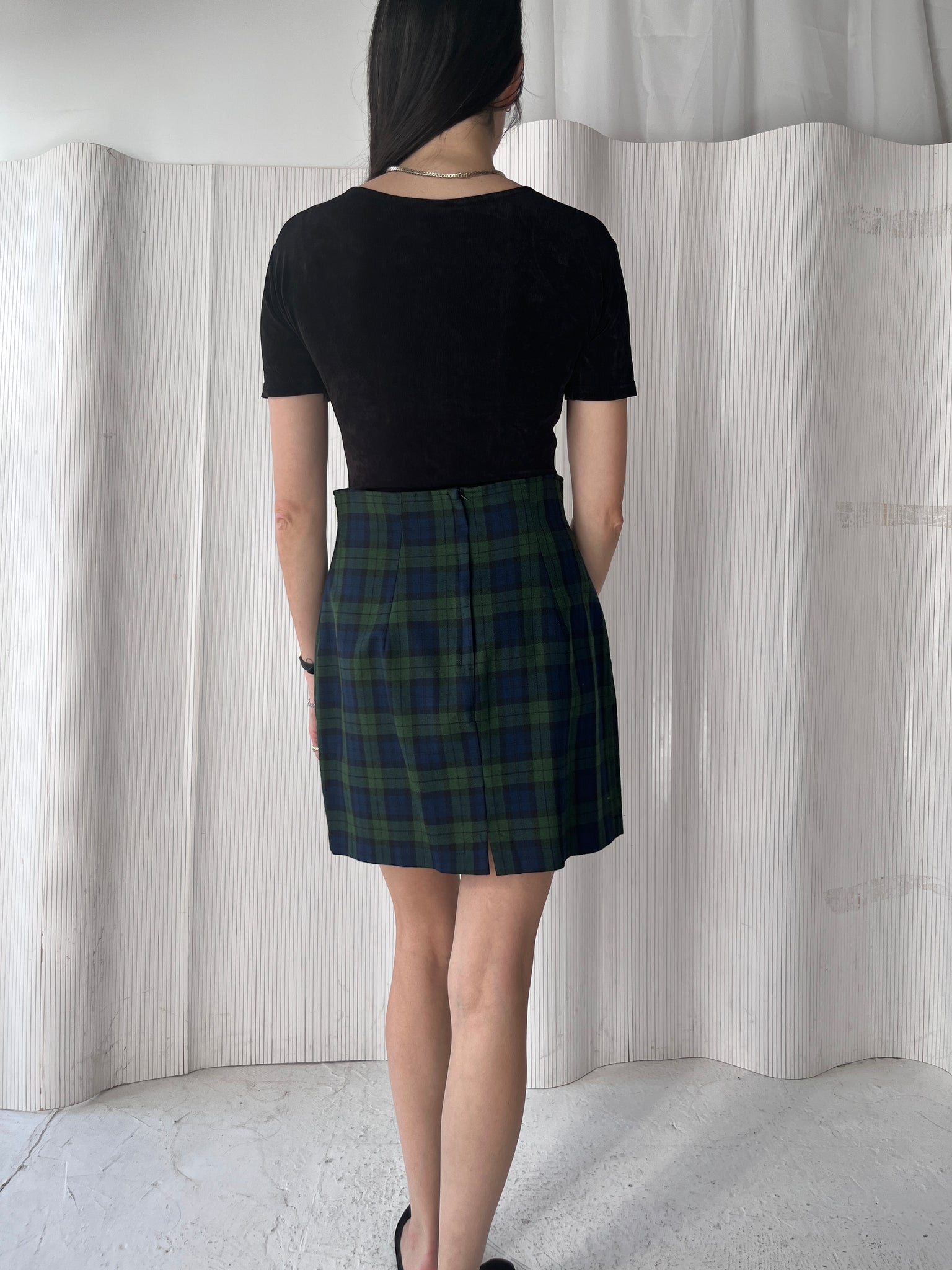 Green & navy plaid skirt suit