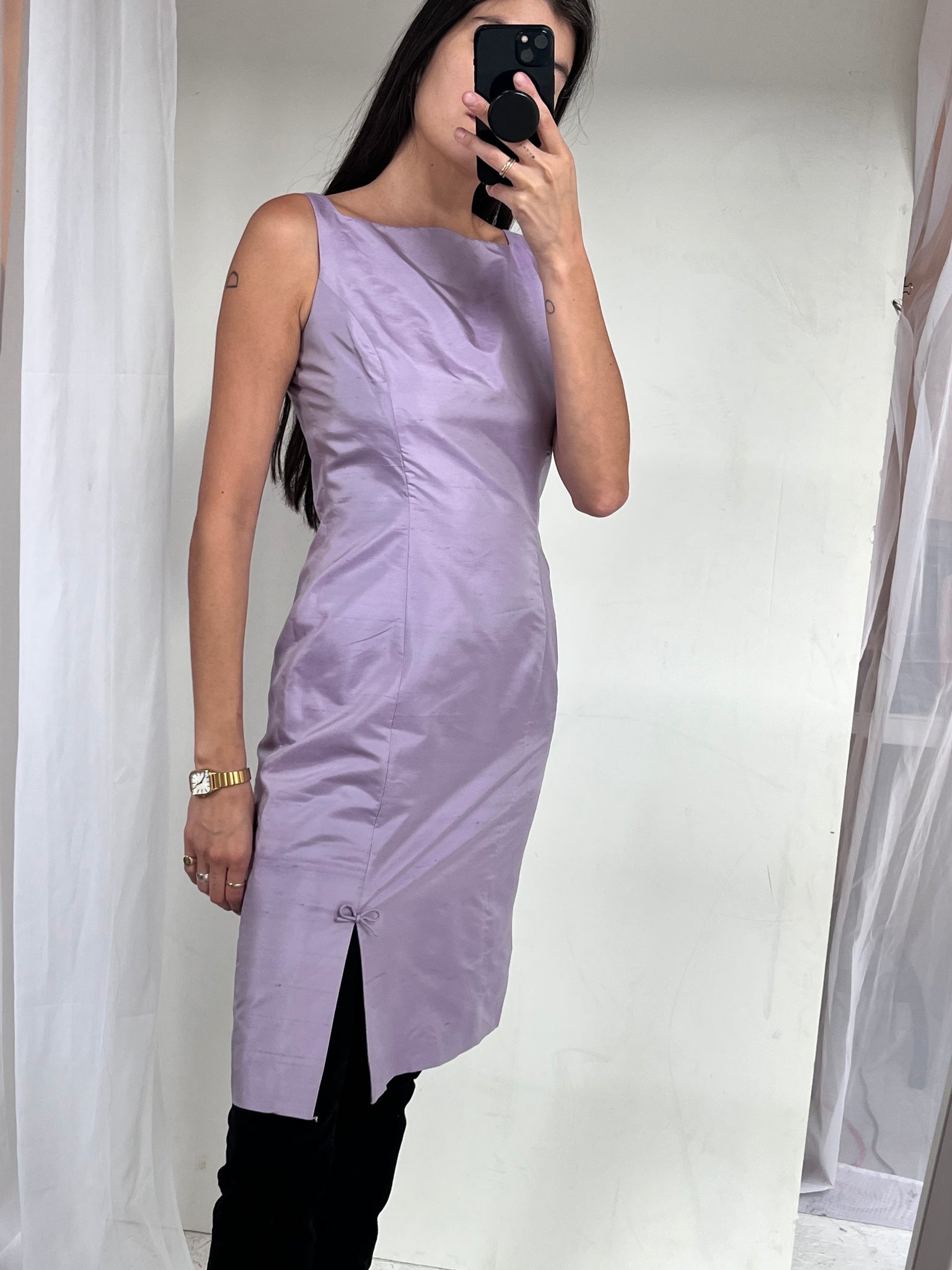 1990s Ann Taylor Icy Lavender Silk Dupioni Cocktail Dress