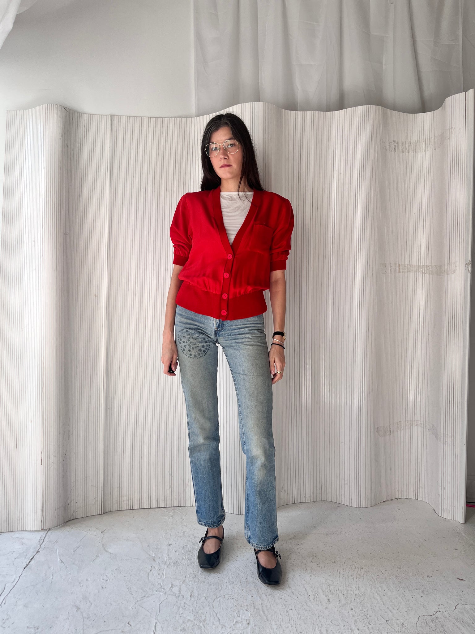 Red silk cardigan top