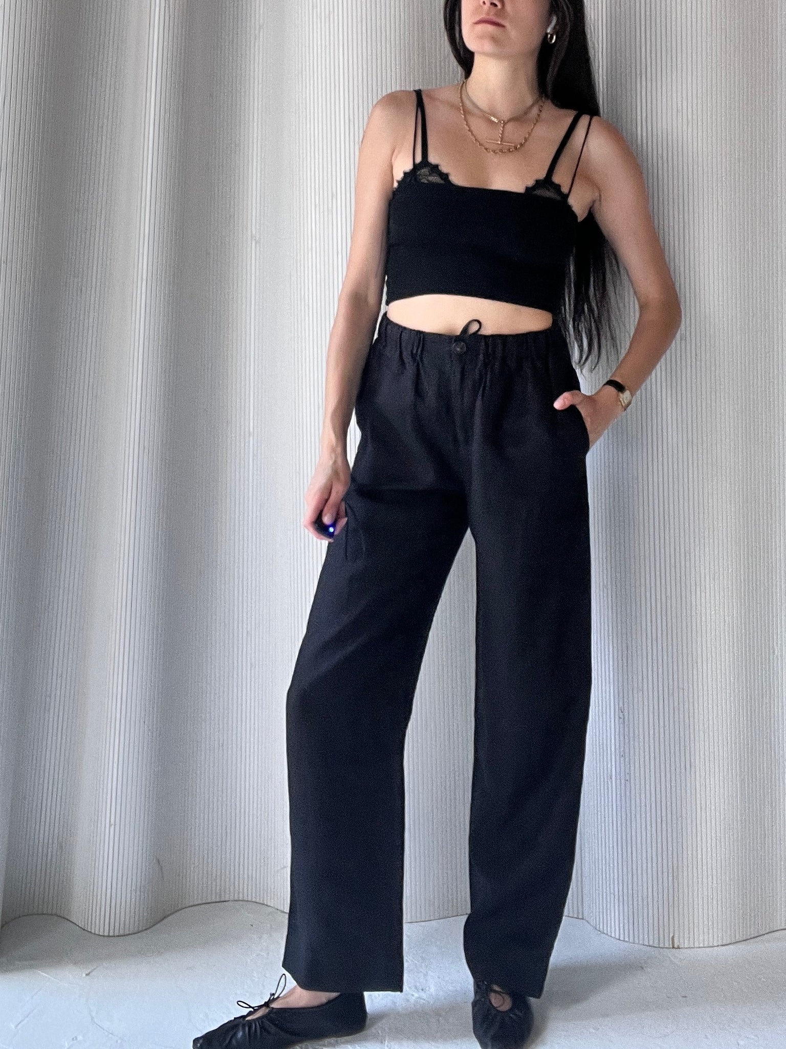 drawstring linen pant black