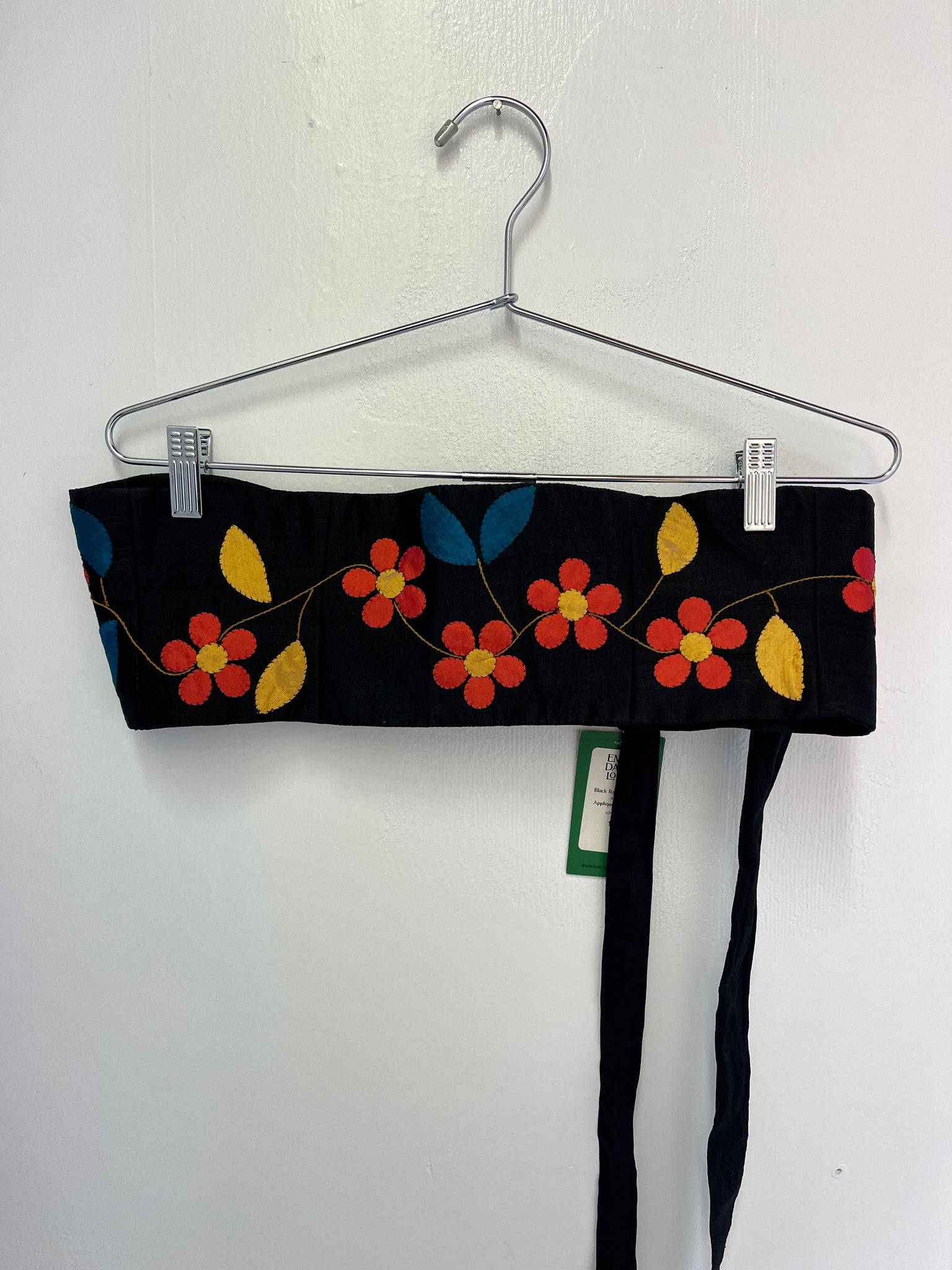 Black raw silk belt +appliqué flowers