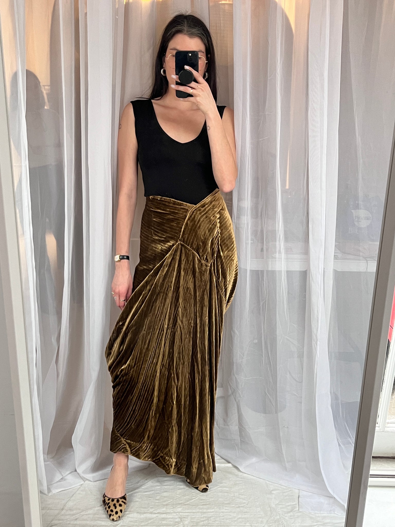 Handmade sculptural crushed velvet maxi skirt